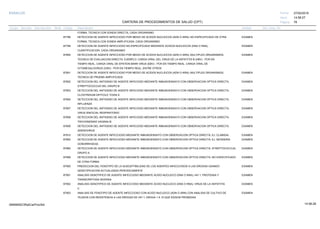 27/02/2019
78
14:58:27
CARTERA DE PROCEDIMIENTOS DE SALUD (CPT)
ESSALUD Fecha:
Hora:
Página:
Código Descripción UnidadGrupo Sección Sub Sección Nivel Grd. Cmp. Cir.
FORMA, TECNICA CON SONDA DIRECTA, CADA ORGANISMO
87798 EXAMENDETECCION DE AGENTE INFECCIOSO POR MEDIO DE ACIDOS NUCLEICOS (ADN O ARN); NO ESPECIFICADO DE OTRA
FORMA, TECNICA CON SONDA AMPLIFICADA, CADA ORGANISMO
87799 EXAMENDETECCION DE AGENTE INFECCIOSO NO ESPECIFICADO MEDIANTE ACIDOS NUCLEICOS (DNA O RNA),
CUANTIFICACION. CADA ORGANISMO
87800 EXAMENDETECCION DE AGENTE INFECCIOSO POR MEDIO DE ACIDOS NUCLEICOS (ADN O ARN); MULTIPLES ORGANISMOS,
TECNICA DE EVALUACION DIRECTA. EJEMPLO: CARGA VIRAL DEL VIRUS DE LA HEPATITIS B (HBV) - PCR EN
TIEMPO REAL, CARGA VIRAL DE EPSTEIN BARR VIRUS (EBV) - PCR EN TIEMPO REAL. CARGA VIRAL DE
CITOMEGALOVIRUS (CMV) - PCR EN TIEMPO REAL, ENTRE OTROS
87801 EXAMENDETECCION DE AGENTE INFECCIOSO POR MEDIO DE ACIDOS NUCLEICOS (ADN O ARN); MULTIPLES ORGANISMOS,
TECNICA DE PRUEBA AMPLIFICADA
87802 EXAMENDETECCION DEL ANTIGENO DE AGENTE INFECIOSO MEDIANTE INMUNOENSAYO CON OBSERVACION OPTICA DIRECTA,
STREPTOCOCCUS DEL GRUPO B
87803 EXAMENDETECCION DEL ANTIGENO DE AGENTE INFECIOSO MEDIANTE INMUNOENSAYO CON OBSERVACION OPTICA DIRECTA,
CLOSTRIDIUM DIFFICILE TOXIN A
87804 EXAMENDETECCION DEL ANTIGENO DE AGENTE INFECIOSO MEDIANTE INMUNOENSAYO CON OBSERVACION OPTICA DIRECTA,
INFLUENZA
87807 EXAMENDETECCION DEL ANTIGENO DE AGENTE INFECIOSO MEDIANTE INMUNOENSAYO CON OBSERVACION OPTICA DIRECTA,
VIRUS SINCICIAL RESPIRATORIO
87808 EXAMENDETECCION DEL ANTIGENO DE AGENTE INFECIOSO MEDIANTE INMUNOENSAYO CON OBSERVACION OPTICA DIRECTA,
TRICHOMONAS VAGINALIS
87809 EXAMENDETECCION DEL ANTIGENO DE AGENTE INFECIOSO MEDIANTE INMUNOENSAYO CON OBSERVACION OPTICA DIRECTA,
ADENOVIRUS
87810 EXAMENDETECCION DE AGENTE INFECCIOSO MEDIANTE INMUNOENSAYO CON OBSERVACION OPTICA DIRECTA; EJ. CLAMIDIA .
87850 EXAMENDETECCION DE AGENTE INFECCIOSO MEDIANTE INMUNOENSAYO CON OBSERVACION OPTICA DIRECTA; EJ. NEISSERIA
GONORRHOEAE.
87880 EXAMENDETECCION DE AGENTE INFECCIOSO MEDIANTE INMUNOENSAYO CON OBSERVACION OPTICA DIRECTA; STREPTOCOCCUS,
GRUPO A.
87899 EXAMENDETECCION DE AGENTE INFECCIOSO MEDIANTE INMUNOENSAYO CON OBSERVACION OPTICA DIRECTA; NO ESPECIFICADO
DE OTRA FORMA.
87900 EXAMENPREDICCION DEL FENOTIPO DE LA SUSCEPTIBILIDAD DE LOS AGENTES INFECCIOSOS A LAS DROGAS USANDO
GENOTIPICACION ACTUALIZADA PERIODICAMENTE
87901 EXAMENANALISIS GENOTIPICO DE AGENTE INFECCIOSO MEDIANTE ACIDO NUCLEICO (DNA O RNA); HIV 1, PROTEASA Y
TRANSCRIPTASA INVERSA
87902 EXAMENANALISIS GENOTIPICO DE AGENTE INFECCIOSO MEDIANTE ACIDO NUCLEICO (DNA O RNA); VIRUS DE LA HEPATITIS
C
87903 EXAMENANALISIS DE FENOTIPO DE AGENTE INFECCIOSO CON ACIDO NUCLEICO (ADN O ARN) CON ANALISIS DE CULTIVO DE
TEJIDOS CON RESISTENCIA A LAS DROGAS DE VIH 1; DROGA 1 A 10 QUE ES/SON PROBADAS
14:58:2809956952ORptCarProcSld
 