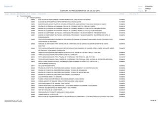 27/02/2019
81
14:58:27
CARTERA DE PROCEDIMIENTOS DE SALUD (CPT)
ESSALUD Fecha:
Hora:
Página:
Código Descripción UnidadGrupo Sección Sub Sección Nivel Grd. Cmp. Cir.
05 TRANSFUSIONES
00 TRANSFUSIONES
86850 EXAMENEVALUACION DE ANTICUERPOS CONTRA ERITROCITOS, CADA TECNICA EN SUERO
86860 EXAMENELUCION DE ANTICUERPOS CONTRA ERITROCITOS, CADA ELUCION
86870 EXAMENIDENTIFICACION DE ANTICUERPOS CONTRA ERITROCITOS, CADA BATERIA PARA CADA TECNICA EN SUERO
86880 EXAMENPRUEBA DE GLOBULINA ANTIHUMANA (PRUEBA DE COOMBS); DIRECTA, CADA ANTISUERO
86885 EXAMENPRUEBA DE GLOBULINA ANTIHUMANA (PRUEBA DE COOMBS); INDIRECTA, CUALITATIVA, CADA ANTISUERO
86886 EXAMENPRUEBA DE GLOBULINA ANTIHUMANA (PRUEBA DE COOMBS); INDIRECTA, TITULO, CADA ANTISUERO
86890 EXAMENSANGRE O COMPONENTE AUTOLOGO, OBTENCION, PROCESADO Y ALMACENAMIENTO; PREDEPOSITADOS
86891 EXAMENSANGRE O COMPONENTE AUTOLOGO, OBTENCION, PROCESADO Y ALMACENAMIENTO; RECUPERACION INTRA- O
POSQUIRURGICA
86902 EXAMENTIPIFICACION SANGUINEA; PRUEBAS DE ANTIGENOS DE SANGRE DE DONANTE EMPLEANDO SUERO CON REACTIVOS,
CADA PRUEBA DE ANTIGENO
86903 EXAMENTAMIZAJE DE ANTIGENOS PARA DEFINICION DE COMPATIBILIDAD DE UNIDAD DE SANGRE A PARTIR DE SUERO
REACTIVO
86904 EXAMENTIPIFICACION DE SANGRE; EVALUACION DE ANTIGENOS PARA UNIDADES DE SANGRE COMPATIBLES, MEDIANTE SUERO
DEL PACIENTE, POR UNIDAD CLASIFICADA
86905 EXAMENTIPIFICACION DE SANGRE; ANTIGENOS DE ERITROCITOS, FUERA DE LOS ABO Y RH (D), CADA UNO
86906 EXAMENTIPIFICACION DE SANGRE; FENOTIPIFICACION RH, COMPLETA
86910 EXAMENTIPIFICACION DE SANGRE PARA PRUEBA DE PATERNIDAD, POR PERSONA; ABO, RH Y MN
86911 EXAMENTIPIFICACION DE SANGRE PARA PRUEBA DE PATERNIDAD, POR PERSONA; CADA SISTEMA DE ANTIGENOS ADICIONAL
86915 EXAMENMEDULA OSEA, MODIFICACION O TRATAMIENTO PARA ELIMINAR CELULAS (P. EJ. LINFOCITOS T,
CARCINOMAMETASTASICO)
86917 EXAMENCELULAS PROGENITORAS
86920 EXAMENPRUEBA DE COMPATIBILIDAD PARA CADA UNIDAD; TECNICA INMEDIATA DE CENTRIFUGACION
86921 EXAMENPRUEBA DE COMPATIBILIDAD PARA CADA UNIDAD; TECNICA DE INCUBACION
86922 EXAMENPRUEBA DE COMPATIBILIDAD PARA CADA UNIDAD; TECNICA DE ANTIGLOBULINA
86923 EXAMENPRUEBA DE COMPATIBILIDAD PARA CADA UNIDAD; ELECTRONICA
86924 EXAMENLEUCOFERESIS (BANCO DE SANGRE)
86927 EXAMENPLASMA CONGELADO EN FRESCO, DESCONGELAMIENTO, CADA UNIDAD
86930 EXAMENCONGELAMIENTO DE SANGRE (INCLUYE PREPARACION), CADA UNIDAD
86931 EXAMENDESCONGELAMIENTO DE SANGRE, CADA UNIDAD
86932 EXAMENCONGELACION (INCLUYE PREPARACION) Y DESCONGELAMIENTO DE SANGRE, CADA UNIDAD
86940 EXAMENTAMIZAJE AUTOMATIZADO DE HEMOLISINAS Y AGLUTININAS
86941 EXAMENTEST DE TAMIZAJE DE LANDSTEINER
86945 EXAMENIRRADIACION DE PRODUCTO SANGUINEO, CADA UNIDAD
86950 EXAMENTRANSFUSION DE LEUCOCITOS
86960 EXAMENREDUCCION DE VOLUMEN SANGUINEO O ALGUN PRODUCTO SANGUINEO,( EJ:GLOBULOS ROJOS O PLAQUETAS) CADA
14:58:2809956952ORptCarProcSld
 