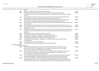 27/02/2019
82
14:58:27
CARTERA DE PROCEDIMIENTOS DE SALUD (CPT)
ESSALUD Fecha:
Hora:
Página:
Código Descripción UnidadGrupo Sección Sub Sección Nivel Grd. Cmp. Cir.
UNIDAD
86965 EXAMENBANCOS DE PLAQUETAS O DE OTROS PRODUCTOS SANGUINEOS
86970 EXAMENPRETRATAMIENTO DE ERITROCITOS PARA USARLOS EN LA DETECCION DE ANTICUERPOS CONTRA
ERITROCITOS,IDENTIFICACION Y/O PRUEBAS DE COMPATIBILIDAD; INCUBACION CON AGENTES QUIMICOS O DROGAS,
CADA UNA
86971 EXAMENPRETRATAMIENTO DE ERITROCITOS PARA USARLOS EN LA DETECCION DE ANTICUERPOS CONTRA ERITROCITOS,
IDENTIFICACION Y/O PRUEBAS DE COMPATIBILIDAD; INCUBACION CON ENZIMAS, CADA UNA
86972 EXAMENPRETRATAMIENTO DE ERITROCITOS PARA USARLOS EN LA DETECCION DE ANTICUERPOS CONTRA ERITROCITOS,
IDENTIFICACION Y/O PRUEBAS DE COMPATIBILIDAD; CON SEPARACION POR GRADIENTE DE DENSIDAD
86975 EXAMENPRETRATAMIENTO DE SUERO PARA USAR EN LA DETECCION DE ANTICUERPOS CONTRA ERITROCITOS; INCUBACION CON
DROGAS, CADA UNA
86976 EXAMENPRETRATAMIENTO DE SUERO PARA USAR EN LA DETECCION DE ANTICUERPOS CONTRA ERITROCITOS; POR DILUCION
86977 EXAMENPRETRATAMIENTO DE SUERO PARA USAR EN LA DETECCION DE ANTICUERPOS CONTRA ERITROCITOS; INCUBACION CON
INHIBIDORES, CADA UNA
86978 EXAMENPRETRATAMIENTO DE SUERO PARA USAR EN LA DETECCION DE ANTICUERPOS CONTRA ERITROCITOS; POR ABSORCION
DIFERENCIAL DE ERITROCITOS USANDO ERITROCITOS DEL PACIENTE O ERITROCITOS DE FENOTIPO CONOCIDO, CADA
ABSORCION
86985 EXAMENFRACCIONAMIENTO DE PRODUCTOS DE LA SANGRE, POR UNIDAD
86989 EXAMENPLASMA FRESCO CONGELADO - PREPARACION Y CONSERVACION DE PLASMA
86990 EXAMENCONCENTRADO DE PLAQUETAS - PREPARACION Y CONSERVACION DE PLAQUETAS
86991 EXAMENCRIOPRECIPITADO - PREPARACION Y CONSERVACION DE CRIOPRECIPITADO
86992 EXAMENLEUCOREDUCCION PARA PLAQUETAS - PREPARACION Y CONSERVACION DE PLAQUETAS CON SISTEMA DE
LEUCOREDUCCION
86996 EXAMENEVALUACION MEDICA - ATENCION DE DONANTES
86999 EXAMENPROCEDIMIENTO DE MEDICINA DE TRANSFUSION QUE NO APARECE EN LA LISTA
06 PERFILES Y PAQUETES
00 PERFILES Y PAQUETES
80047 EXAMENPERFIL METABOLICO BASICO (CALCIO, IONIZADO), ESTE PERFIL DEBERA INCLUIR LOS SIGUIENTES: CALCIO,
IONIZADO (82330), DIOXIDO DE CARBONO (82374), CLORURO (82435), CREATININA (82565), GLUCOSA (82947),
POTASIO (84132), SODIO (84295) Y NITROGENO UREICO (BUN) (84520)
80048 EXAMENPERFIL METABOLICO BASICO (CALCIO, IONIZADO), ESTE PERFIL DEBERA INCLUIR LOS SIGUIENTES: CALCIO TOTAL
(82310), DIOXIDO DE CARBONO (82374), CLORURO (82435), CREATININA (82565), GLUCOSA (82947), POTASIO
(84132), SODIO (84295) Y NITROGENO UREICO (BUN) (84520)
80049 EXAMENBATERIA METABOLICA BASICAESTA BATERIA DEBE INCLUIR LO SIGUIENTE:ANHIDRIDO CARBONICO (82374)CLORURO
(82435)CREATININA (82565)GLUCOSA (82947)NITROGENO UREICO (BUN) (84520)POTASIO (84132)SODIO (84295)
80050 EXAMENPERFIL DE SALUD GENERAL, ESTE PERFIL DEBERA INCLUIR LO SIGUIENTES: PERFIL METABOLICO COMPLETO
(80053) SANGUINEO, COMPLETO (CBC), AUTOMATIZADOS Y RECUENTO DIFERENCIAL AUTOMATIZADO (85025 O 85027
Y 85004) O SANGRE, COMPLETE (CBC), AUTOMATIZADOS (85027) Y RECUENTO DIFERENCIAL MANUAL DE LEUCOCITOS
14:58:2809956952ORptCarProcSld
 