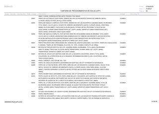 27/02/2019
83
14:58:27
CARTERA DE PROCEDIMIENTOS DE SALUD (CPT)
ESSALUD Fecha:
Hora:
Página:
Código Descripción UnidadGrupo Sección Sub Sección Nivel Grd. Cmp. Cir.
(85007 O 85009), HORMONA ESTIMULANTE TIROIDEA (TSH) (84443)
80051 EXAMENPERFIL DE ELECTROLITO, ESTE PERFIL DEBERA INCLUIR LOS SIGUIENTES: DIOXIDO DE CARBONO (82374),
CLORURO (82435), POTASIO (84132) Y SODIO (84295)
80053 EXAMENPERFIL METABOLICO COMPLETO, ESTE PERFIL DEBERA INCLUIR LOS SIGUIENTES: ALBUMINA (82040), BILIRRUBINA
TOTAL (82247), CALCIO (82310), DIOXIDO DE CARBONO (BICARBONATO) (82374), CLORURO (82435), CREATININA
(82565), GLUCOSA (82947), FOSFATASA ALCALINA (84075), POTASIO (84132), PROTEINAS TOTALES (84155),
SODIO (84295), ALANINO AMINOTRANSFERASA (ALT) (SGPT) (84460), ASPARTATO AMINOTRANSFERASA (AST)
(SGOT) (84450), NITROGENO UREICO (BUN) (84520)
80054 EXAMENPERFIL METABOLICO COMPLETA: ESTA BATERIA DEBE INCLUIR:ALBUMINA (82040) BILIRRUBINA, TOTAL (82247)
CALCIO (82310) CLORURO (82435)CREATININA (82565)DIOXIDO DE CARBONO (BICARBONATO) (82374)FOSFATASA,
ALCALINA (84075)GLUCOSA (82947)NITROGENO UREICO (BUN) (84520)POTASIO (84132)PROTEINA, TOTAL
(84155)SODIO (84295)TRANSFERASA, ASPARTATO AMINO (AST) (SGOT) (84450)
80057 EXAMENPERFIL PREOPERATORIO (HEMOGRAMA 3RA. GENERACION, GRUPOS SANGUINEO, FACTOR RH, TIEMPO DE COAGULACION
Y SANGRIA, TIEMPO DE PROTROMBINA, GLUCOSA, HIV, VDRL, EXAMEN COMPLETO DE ORINA)
80058 EXAMENBATERIA DE FUNCION HEPATICA INCLUYE: ALBUMINA (82040), BILIRRUBINA, TOTAL (82247), BILIRRUBINA
DIRECTA (82248), FOSFATASA, ALCALINA (84075),TRANSFERASA, ALANINA AMINO (ALT) (SGPT) (84460),
TRANSFERASA, ASPARTATO AMINO (AST) (SGOT) (84450).
80061 EXAMENBATERIA DE LIPIDOS: ESTA BATERIA DEBE INCLUIR LO SIGUIENTE:COLESTEROL SERICO TOTAL (82465),
COLESTEROL DE LIPOPROTEINA DE ALTA DENSIDAD, DETERMINACION DIRECTA (HDL COLESTEROL) (83718),
TRIGLICERIDOS (84478).
80062 EXAMENPERFIL CARDIACO: CPK, CPK-MB, DHL, TGO
80063 EXAMENPERFIL DE COAGULACION BASICO (DENOMINACION ADAPTADA, SIN CPT ESTANDAR DE REFERENCIA)
80069 EXAMENPERFIL DE LA FUNCION RENAL, ESTE PERFIL DEBE INCLUIR LOS SIGUIENTES: ALBUMINA (82040), CALCIO TOTAL
(82310), DIOXIDO DE CARBONO (BICARBONATO) (82374), CLORURO (82435), CREATININA (82565), GLUCOSA
(82947), FOSFORO INORGANICO (FOSFATO) (84100), POTASIO (84132) SODIO (84295) NITROGENO UREICO (BUN)
(84520)
80072 EXAMENPERFIL REUMATOIDEO (DENOMINACION ADAPTADA, SIN CPT ESTANDAR DE REFERENCIA)
80074 EXAMENPERFIL AGUDO DE HEPATITIS, ESTE PERFIL DEBE INCLUIR LO SIGUIENTE: ANTICUERPOS DE HEPATITIS A (HAAB),
ANTICUERPOS IGM (86709), ANTICUERPO DEL NUCLEO DE HEPATITIS B (HBCAB), ANTICUERPOS IGM (86705),
ANTIGENO DE SUPERFICIE DE LA HEPATITIS B (HBSAG), ANTICUERPOS A HEPATITIS C (86803)
80076 EXAMENPERFIL DE LA FUNCION HEPATICA, ESTE PERFIL DEBE INCLUIR LO SIGUIENTE: ALBUMINA (82040), TOTAL DE
BILIRRUBINA (82247), BILIRRUBINA DIRECTA (82248), ALCALINA FOSFATASA (84075), PROTEINAS TOTALES
(84155), ALANINO AMINO TRANSFERASA (ALT) (SGPT) (84460), ASPARTATO AMINOTRANSFERASA (AST) (SGOT)
(84450)
80077 EXAMENESTUDIO HISTOQUIMICO DE LIQUIDO PLEURAL (DENOMINACION ADAPTADA, SIN CPT ESTANDAR DE REFERENCIA)
80089 EXAMENPERFIL INMUNOLOGICO
80090 EXAMENBATERIA DE ANTICUERPOS TORCH. ESTA BATERIA DEBE INCLUIR LAS SIGUIENTES PRUEBAS:ANTICUERPO CONTRA EL
CITOMEGALOVIRUS (CMV) (86644), ANTICUERPO CONTRA EL HERPES SIMPLE, TIPO DE PRUEBA NO ESPECIFICA
14:58:2809956952ORptCarProcSld
 