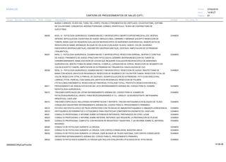 27/02/2019
91
14:58:27
CARTERA DE PROCEDIMIENTOS DE SALUD (CPT)
ESSALUD Fecha:
Hora:
Página:
Código Descripción UnidadGrupo Sección Sub Sección Nivel Grd. Cmp. Cir.
BURSA O SINOVIA, TEJIDO DEL TUNEL DEL CARPO, PIEZAS O FRAGMENTOS DE CARTILAGO, COLESTEATOMA,, ESTOMA
DE COLOSTOMIA, CONJUNTIVA, BIOPSIA-PTERIGIUM, CORNEA, DIVERTICULO, TEJIDO DE CONTRACTURA DE
DUPUYTREN
88305 EXAMENNIVEL IV - PATOLOGIA QUIRURGICA, EXAMEN MACRO Y MICROSCOPICO ABORTO ESPONTANEO/FALLIDO, BIOPSIA:
ARTERIA, ARTICULACION, EXOSTOSIS DE HUESO, MEDULA OSEA, CEREBRO Y MENINGE (EXCEPTO RESECCION DE
TUMOR), MAMA (QUE NO REQUIERA EVALUACION MICROSCOPICA DE MARGENES QUIRURGICOS), MAMOPLASTIA DE
REDUCCION DE MAMA, BRONQUIO, BLOQUE DE CELULAS (CUALQUIER TEJIDO), CERVIX, COLON, DUODENO,
ENDOCERVIX (BIOPSIA/CURETAJE), ENDOMETRIO (BIOPSIA/CURETAJE), ESOFAGO, AMPUTACION DE EXTREMIDAD
(TRAUMATICA),
88307 EXAMENNIVEL V - PATOLOGIA QUIRURGICA, EXAMEN MACRO Y MICROSCOPICO: RESECCION ADRENAL, BIOPSIA O CURETAJE
DE HUESO, FRAGMENTO DE HUESO (FRACTURA PATOLOGICA) CEREBRO (BIOPSIA)RESECCION DE TUMOR DE
CEREBRO/MENINGES, MAMA (EXCISION DE LESION QUE REQUIERE EVALUACION MICROSCOPICA DE MARGENES
QUIRURGICOS), MASTECTOMIA DE MAMA (PARCIAL O SIMPLE), CONIZACION DE CERVIX, RESECCION DE SEGMENTO DE
COLON (EXCEPTO TUMOR), AMPUTACION DE EXTREMIDAD NO TRAUMATICA, ENUCLEACION DE OJO,
88309 EXAMENNIVEL VI - PATOLOGIA QUIRURGICA, EXAMEN MACRO Y MICROSCOPICO. RESECCION DE HUESO, MASTECTOMIA DE
MAMA CON NODOS LINFATICOS REGIONALES, RESECCION DE SEGMENTO DE COLON POR TUMOR, RESECCION TOTAL DE
COLON, RESECCION TOTAL O PARCIAL DE ESOFAGO, DESARTICULACION DE EXTREMIDAD, FETO (CON DISECCION),
LARINGE (TOTAL /PARCIAL) CON GANGLIOS LINFATICOS REGIONALES, RESECCION DE PULMON
(TOTAL/LOBULO/SEGMENTO), RESECCION DE PANCREAS (TOTAL/SUB TOTAL), PROSTATA (RESECCION RADICAL).
88311 EXAMENPROCEDIMIENTO DE DESCALCIFICACION (SE LISTA SEPARADAMENTE ADEMAS DEL CODIGO PARA EL EXAMEN
DEPATOLOGIA QUIRURGICA)
88312 EXAMENTINCIONES ESPECIALES (SE LISTAN SEPARADAMENTE ADEMAS DEL CODIGO PARA EL EXAMEN DE
PATOLOGIAQUIRURGICA); GRUPO I PARA MICROORGANISMOS (P. EJ., GRIDLEY, ACIDORESISTENTE, METENAMINA
ARGENTICA), CADA UNA
88314 EXAMENTINCIONES ESPECIALES, INCLUYENDO INTERPRETACION Y REPORTE; TINCION HISTOQUIMICA EN BLOQUES DE TEJIDO
CONGELADO (REGISTRAR SEPARADAMENTE ADEMAS DEL CODIGO PARA EL PROCEDIMIENTO PRIMARIO)
88318 EXAMENESTUDIO HISTOPATOLOGICO DE PIEZA OPERATORIA CON TECNICAS DE INMUNOHISTOQUIMICA O INMUNOFLUORESCENCIA
88319 EXAMENHISTOQUIMICA DETERMINATIVA O CITOQUIMICA PARA IDENTIFICAR COMPONENTES ENZIMATICOS, CADA UNO
88321 EXAMENCONSULTA PROFESIONAL E INFORME SOBRE EXTENDIDOS REFERIDOS, PREPARADOS EN OTRO LUGAR
88323 EXAMENCONSULTA PROFESIONAL E INFORME SOBRE MATERIAL REFERIDO QUE REQUIERE LA PREPARACION DE PLACAS
88325 EXAMENCONSULTA PROFESIONAL COMPLETA, CON REVISION DE REGISTROS Y MUESTRAS, Y UN INFORME SOBRE EL MATERIAL
REFERIDO
88329 EXAMENCONSULTA DE PATOLOGIA DURANTE LA CIRUGIA;
88331 EXAMENCONSULTA DE PATOLOGIA DURANTE LA CIRUGIA; CON CORTES CONGELADOS, MUESTRA UNICA
88332 EXAMENCONSULTA DE PATOLOGIA DURANTE LA CIRUGIA; CADA BLOQUE DE TEJIDO ADICONAL CON CORTES CONGELADOS
(REGISTRAR SEPARADAMENTE ADEMAS DEL CODIGO PARA EL PROCEDIMIENTO PRIMARIO)
88333 EXAMENCONSULTA PATOLOGICA DURANTE LA CIRUGIA QUE INCLUYE EVALUACION CITOLOGICA EN EL SITIO INICIAL
14:58:2809956952ORptCarProcSld
 