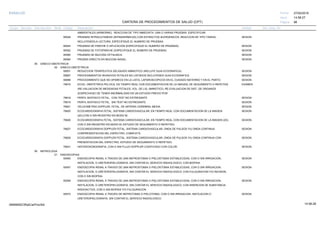 27/02/2019
98
14:58:27
CARTERA DE PROCEDIMIENTOS DE SALUD (CPT)
ESSALUD Fecha:
Hora:
Página:
Código Descripción UnidadGrupo Sección Sub Sección Nivel Grd. Cmp. Cir.
AMBIENTALES (AIRBORNE), REACCION DE TIPO INMEDIATA. UNA O VARIAS PRUEBAS. ESPECIFICAR.
95028 SESIONPRUEBAS INTRACUTANEAS (INTRADERMICAS) CON EXTRACTOS ALERGENICOS, REACCION DE TIPO TARDIA,
INCLUYENDOLA LECTURA, ESPECIFIQUE EL NUMERO DE PRUEBAS.
95044 SESIONPRUEBAS DE PARCHE O APLICACION (ESPECIFIQUE EL NUMERO DE PRUEBAS).
95052 SESIONPRUEBAS DE FOTOPARCHE (ESPECIFIQUE EL NUMERO DE PRUEBAS)
95060 SESIONPRUEBAS DE MUCOSA OFTALMICA.
95065 SESIONPRUEBA DIRECTA EN MUCOSA NASAL.
05 GINECO-OBSTETRICIA
00 GINECO-OBSTETRICIA
59001 SESIONREDUCCION TERAPEUTICA DELIQUIDO AMNIOTICO (INCLUYE GUIA ECOGRAFICA).
59897 SESIONPROCEDIMIENTOS INVASIVOS FETALES NO LISTADOS INCLUYENDO GUIA ECOGRAFICA.
59898 SESIONPROCEDIMIENTO QUE NO APARECE EN LA LISTA, LAPAROSCOPICOS EN EL CUIDADO MATERNO Y EN EL PARTO.
76816 EXAMENECOG. OBSTETRICA PELVICA, EN TIEMPO REAL CON DOCUMENTACION DE LA IMAGEN; DE SEGUIMIENTO O REPETIDA
(RE-VALUACION DE MEDIDADAS FETALES, VOL. DE LIQ. AMNIOTICO, RE-EVALUACION DE SIST. DE ORGANOS
SOSPECHOSO DE TENER ANORMALIDAD EN UN ESTUDIO PREVIO POR
76818 SESIONPERFIL BIOFISICO FETAL, CON TEST NO ESTRESANTE
76819 SESIONPERFIL BIOFISICO FETAL, SIN TEST NO ESTRESANTE
76821 SESIONVELOCIMETRIA DOPPLER, FETAL, DE ARTERIA CEREBRAL MEDIA
76825 SESIONECOCARDIOGRAFIA FETAL, SISTEMA CARDIOVASCULAR, EN TIEMPO REAL CON DOCUMENTACION DE LA IMAGEN
(2D),CON O SIN REGISTRO EN MODO M;
76826 SESIONECOCARDIOGRAFIA FETAL, SISTEMA CARDIOVASCULAR, EN TIEMPO REAL CON DOCUMENTACION DE LA IMAGEN (2D),
CON O SIN REGISTRO EN MODO M; ESTUDIO DE SEGUIMIENTO O REPETIDO.
76827 SESIONECOCARDIOGRAFIA DOPPLER FETAL, SISTEMA CARDIOVASCULAR, ONDA DE PULSOS Y/U ONDA CONTINUA
CONPRESENTACION DEL ESPECTRO; COMPLETA.
76828 SESIONECOCARDIOGRAFIA DOPPLER FETAL, SISTEMA CARDIOVASCULAR, ONDA DE PULSOS Y/U ONDA CONTINUA CON
PRESENTACION DEL ESPECTRO; ESTUDIO DE SEGUIMIENTO O REPETIDO.
76831 SESIONHISTEROSONOGRAFIA, CON O SIN FLUJO DOPPLER CODIFICADO CON COLOR.
06 NEFROLOGIA
01 ENDOSCOPIAS
50555 SESIONENDOSCOPIA RENAL A TRAVES DE UNA NEFROSTOMIA O PIELOSTOMIA ESTABLECIDAS, CON O SIN IRRIGACION,
INSTILACION, O URETEROPIELOGRAFIA, SIN CONTAR EL SERVICIO RADIOLOGICO; CON BIOPSIA.
50557 SESIONENDOSCOPIA RENAL A TRAVES DE UNA NEFROSTOMIA O PIELOSTOMIA ESTABLECIDAS, CON O SIN IRRIGACION,
INSTILACION, O URETEROPIELOGRAFIA, SIN CONTAR EL SERVICIO RADIOLOGICO; CON FULGURACION Y/O INCISION,
CON O SIN BIOPSIA.
50559 SESIONENDOSCOPIA RENAL A TRAVES DE UNA NEFROSTOMIA O PIELOSTOMIA ESTABLECIDAS, CON O SIN IRRIGACION,
INSTILACION, O URETEROPIELOGRAFIA, SIN CONTAR EL SERVICIO RADIOLOGICO; CON INSERCION DE SUBSTANCIA
RADIOACTIVA, CON O SIN BIOPSIA Y/O FULGURACION
50570 SESIONENDOSCOPIA RENAL A TRAVES DE NEFROTOMIA O PIELOTOMIA, CON O SIN IRRIGACION, INSTILACION O
URETEROPIELOGRAFIA, SIN CONTAR EL SERVICIO RADIOLOGICO.
14:58:2809956952ORptCarProcSld
 