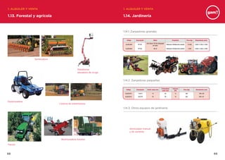 6968
1.13. Forestal y agrícola
1. ALQUILER Y VENTA 1. ALQUILER Y VENTA
1.14. Jardinería
Sembradora
Biotrituradora forestal
Cisterna de tratamientos
Desbrozadora
Tractor
Plataforma
elevadora de oruga
Atomizador manual
y de carretilla
Código Descripción Ancho zanja (cm)
Profundidad
zanja (cm)
Potencia
(CV)
Peso (kg) Dimensiones (cm)
AJJAZJ015 1230 H 15 60 13 400 190 x 80
AJJAZJ015 1820 HE 20 90 18 650 205 x 91
Código Descripción Motor Propulsión Peso (kg) Dimensiones (mm)
AJJAZJ040 RT185
John Deere 185 Hp refrigerado
por agua
Hidráulica infinitamente variable 15.000 9.000 x 2.500 x 2.900
AJJAZJ040 RT190 90 CV Hidráulica infinitamente variable 7.000 6.000 x 2.500 x 2.900
1.14.1. Zanjadoras grandes
1.14.2. Zanjadoras pequeñas
1.14.3. Otros equipos de jardinería
 
