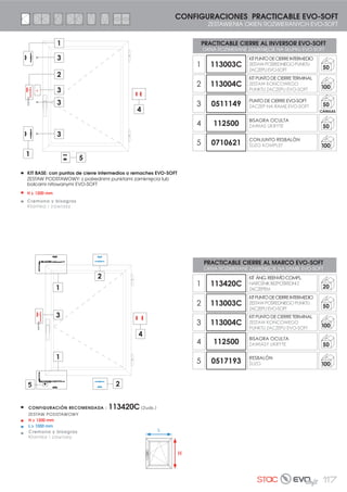 106 OSCILO-BATIENTE | UCHYLNO-ROZWIERANYCH
NOTAS TÉCNICAS
UWAGI TECHNICZNE
LLAVE 0º
OSCILAR
Y ABRIR
AP. LÓGICA POSICIONES DE BLOQUEO CREMONA CON LLAVE LYRA BLOCK
Å8+/(1,( 52=:$5,(0µ27:,(5$1,( Å8+/(1,( 35=(' 52=:$5,(0µ 32â2į(1,$ %/2.$' ./$0., = ./8=(0 /5$ %/2.
LLAVE 0º
OSCILAR
Y ABRIR
KLUCZ o 0º
8+/,ý
, 27:25=ý
LLAVE 180º
BLOQUEO TOTAL
NI OSCILA NI ABRE
KLUCZ o 180º
%/2.$'$ $â.2:,7$
$1, 1,( 8+/$ 6,Č $1,
NIE OTWIERA
180º90º0º 180º90º
MANIOBRA TRADICIONAL
TRADYCYJNY MANEWR
APERTURA LÓGICA
OTWIERANIE PRZEZ
CERRADO
ZAMKNIĘTE
0$;
10 Kg
MICROVENTILACIÓN POSICIONES DE LA CREMONA
MIKROWENTYLACJA POŁOŻENIA KLAMKI
AIREACIÓN
OSCILOBATIENTE
OKNA UCHYLNO-ROZWIERANE
WIETRZENIE
AIREACIÓN
PRACTICABLE
WIETRZENIE
LLAVE 90º
OSCILAR
KLUCZ o 90º
8+/,ý
22
11.5
14
18
15
20
3.5-4
D
21
5 4.5
EJE 10
D-PASO DE BISAGRA SZCZELINA SKRZYDŁOw/RAMA ZAWIASU
min 4 min 3,5
A1118 ** P1118 **
A1118 ** S P1118 ** S
A1113 ** P1113 **
A1114 ** P1114 **
... ...
Los kits de
oscilobatiente
que incluyen
bisagras de hoja
activa o pasiva
pueden pedirse
según el paso
de bisagra que
precisemos:
Zestawy
rozwierano-uchylne
zawierające
zawiasy do
skrzydła czynnego
lub biernego
można zamawiać
według wymiaru
szczeliny pomiędzy
skrzydłem a ramą ,
którą określamy:
Para pedir kits con
bisagras para paso
min. 3,5 mm, añadir
una P delante del
código en lugar de
la “A” u otra letra
que preceda al
código. Aby zamówić
zestaw z zawiasami do
szczeliny min. 3,5 mm,
dołączyć literę P przed
kodem w miejsce
OKNA UCHYLNO-ROZWIERANE
OŚ 10
CANAL EUROPEO
Å(8523(-6.,0µ .$1$â(0
 