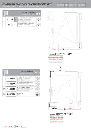 112
CARACTERÍSTICAS PRINCIPALES
GŁÓWNE WŁAŚCIWOŚCI
COMPÁS
Provisto de excéntrica
encasquillada con regulación
de apriete: ± 1 mm.
ROZWÓRKA
Posiadająca mimośród
w tulejach i z regulacją
dociśnięcia: ± 1 mm. PUNTO DE CIERRE DE FALLEBA
Disponibles remaches Soft encasquillados en
cánulas para TFS-04, TFS-05 y/o TFS-06
(VÁLIDO PARA CÓDIGOS
ACTUALES DE LAS TFS)
BOLEC NITOWANY LISTWY TRANSMISYJNEJ
Dostępne nity Soft z tulejami w rurkach dla
TFS-04, TFS-05 i//lub TFS-06
((WAŻNY DLA AKTUALNYCH KODÓW TFS))
PUNTO DE CIERRE TERMINAL
Elemento de acero estampado
que incorpora un punto de
cierre Soft. Está diseñado para
ser instalado a continuación
de cualquier pieza del herraje
de hoja: compases, ángulo de
reenvío o funda de transmisión de
la cremona.
KOŃCOWY PUNKT ZACZEPU
Wytłoczony element stalowy
zawierający punkt zaczepu
Soft. Został zaprojektowany tak,
aby zostać zainstalowany po
którymkolwiek elemencie okucia
skrzydła: rozwórkach, narożniku
transmisyjnym lub zabieraku
klamki.
PUNTO DE CIERRE INTERMEDIO
Permite intercalar todos los puntos
de cierre que se necesiten en
configuraciones de ventana de
grandes dimensiones. Incorpora
punto de cierre Soft y clip anti-
holguras.
POŚREDNI PUNKT ZACZEPU
Pozwala na wstawienie
wszystkich punktów zaczepu jakie
są potrzebne w zestawieniach
dużych wymiarów okna. Zawiera
punkt zaczepu Soft i spinacz
przeciw luzom
Herraje mejorado con casquillos en los puntos de cierre para prolongar la
durabilidad de los cerraderos, y reducir el desgaste por rozamiento a la vez
que se facilita una mayor suavidad de cierre.
Okucie ulepszone obrotowymi tulejkami w punktach zamknięcia, zwieksza
wytrzymałość elementów ściernych i delikatność manewrów zamykania.
ÁNGULOS DE
REENVÍO
Incluye punto de cierre
Soft encasquillado.
NAROŻNIKI
TRANSMISYJNE
Zawiera punkt zaczepu
Soft z tulejką obrotową.
PUNTERO
Para el basculamiento de la
ventana. Incorpora punto de
cierre soft y clip anti-holguras.
RYGIEL
Do uchyłu w skrzydle ru.
Zawiera punkt zaczepu Soft i
spinacz przeciw luzom.
*NOTA: Esta mejora se aplica a todos los compases
existentes manteniendo las mismas referencias.
*UWAGA: To ulepszenie ma zastosowanie dla wszystkich
istniejących rozwórek zachowując te same nr referencyjne.
 