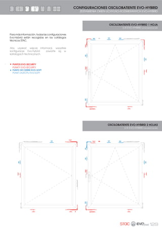 117
CONFIGURACIONES PRACTICABLE EVO-SOFT
ZESTAWIENIA OKIEN ROZWIERANYCH EVO-SOFT
2
3
2
4
5
KIT BASE: con puntos de cierre intermedios o remaches EVO-SOFT
ZESTAW PODSTAWOWY: z pośrednimi punktami zamknięcia lub
bolcami nitowanymi EVO-SOFT
H  1200 mm
Cremona y bisagras
Klamka i zawiasy
CONFIGURACIÓN RECOMENDADA : 113420C (2uds.)
ZESTAW PODSTAWOWY
H  1200 mm
L  1000 mm
Cremona y bisagras
Klamka i zawiasy
L
H
PRACTICABLE CIERRE AL INVERSOR EVO-SOFT
OKNA ROZWIERANE ZAMKNIĘCIE NA SŁUPKU EVO-SOFT
1 113003C
KITPUNTODECIERREINTERMEDIO
=(67$:32ģ5('1,(*2381.78
ZACZEPUEVO-SOFT 50
2 113004C
KIT PUNTO DE CIERRE TERMINAL
=(67$: .2Ę2:(*2
PUNKTU ZACZEPU EVO-SOFT 100
3 0511149
PUNTO DE CIERRE EVO-SOFT
=$=(3 1$ 5$0Č (9262)7 50
CÁNULAS
4 112500
BISAGRA OCULTA
ZAWIAS UKRYTE 50
5 0710621
CONJUNTO RESBALÓN
ģ/,=* .203/(7 100
PRACTICABLE CIERRE AL MARCO EVO-SOFT
OKNA ROZWIERANE ZAMKNIĘCIE NA RAMIE EVO-SOFT
1 113420C
KIT ÁNG.REENVÍOCOMPL.
1$52į1,.%(=32ģ5('1,=
ZACZEPEM 20
2 113003C
KITPUNTODECIERREINTERMEDIO
=(67$:32ģ5('1,(*2381.78
ZACZEPUEVO-SOFT 50
3 113004C
KIT PUNTO DE CIERRE TERMINAL
=(67$: .2Ę2:(*2
PUNKTU ZACZEPU EVO-SOFT 100
4 112500
BISAGRA OCULTA
ZAWIASY UKRYTE 50
5 0517193
RESBALÓN
ģ/,=* 100
2
3
4
5
3
3
3
1
1
1
1
 