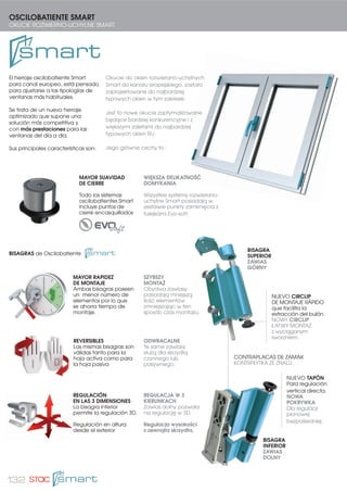 120
CARACTERÍSTICAS PRINCIPALES
GŁÓWNE WŁAŚCIWOŚCI
El herraje de seguridad se caracteriza por tener
setas de seguridad con regulación de apriete
y cerraderos anti-efracción que mejoran la
eficacia protegiendo contra el forzamiento, el
robo y la rotura.
El sistema Evo-security es válido para maniobra
lógica y cierre al marco canal europeo.
Permite múltiples configuraciones de cierre
pudiendo añadir hasta 14 puntos de cierre.
Okucie zabezpieczające posiadające punkty
zamknięcia uniemożliwiające wyłamanie lub
podważenie skrzydła.
System Evo-security jest stosowany w skrzydłach
ru i w systemie uchylenie przed rozwarciem w
kanale europejskim.
Pozwala na wiele konfiguracji mogąc dodać aż
14 punktów zamknięcia.
PUNTO DE CIERRE TERMINAL
Especialmente diseñado para
conectar con ángulo de reenvío,
compás y fundas de transmisión.
KOŃCOWY PUNKT ZACZEPU
Przeznaczony do połączeń z narożnikiem,
rozwórką i zabierakiem klamki
PUNTO DE CIERRE INTERMEDIO
Permite intercalar todos los
puntos de cierre que se necesiten en
configuraciones de ventana de grandes
dimensiones.
POŚREDNI PUNKT ZACZEPU
Pozwala na wstawienie wszystkich punktów zamknięcia jakie
są potrzebne w zestawieniach dużych rozmiarów okna.
CERRADERO DE SEGURIDAD
con prisionero incorporado que
premonta directamente sobre
el perfil sin necesidad
de mecanizados.
ZACZEP ZABEZPIECZAJĄCY
Z wbudowaną dwustronną śrubą,
która jest wstępnie zamontowana
bezpośrednio na profilu bez
konieczności dodawania detali
obrobionych mechanicznie.
CERRADERO DE BASCULAMIENTO CIERRE AL MARCO
con resbalón integrado y pre-posicionado mediante
prisionero. Posibilidad de añadir tornillos rosca-chapa
para mayor seguridad.
ZACZEP UCHYŁU ZAMKNIĘCIE NA RAMIE
Z wbudowanym ślizgiem i wstępnie ustawiony przy
pomocy dwustronnej śruby. Możliwość dodania
śrub samogwintujących do blachy dla większego
bezpieczeństwa.
CERRADERO DE BASCULAMIENTO MANIOBRA LÓGICA
También incorpora resbalón integrado y prisionero para el
pre-posicionado.
Posibilidad de añadir rosca-chapa para mayor seguridad.
ZACZEP UCHYŁU UCHYLENIE PRZED ROZWARCIEM
Również zawiera wbudowany ślizg i dwustronną
śrubę dla wstępnego ustawienia. Możliwość dodania
śrub samogwintujących do blachy dla większego
bezpieczeństwa.
REGULACIÓN MEDIANTE SETA
EXCÉNTRICA
REGULACJA ZA POŚREDNICTWEM
MIMOŚRODOWEGO BOLCA
± 1
mm
SETA DE SEGURIDAD
BOLEC
ANTYWYWAŻENIOWY
ÁNGULOS
DE REENVÍO
incorporan puntos de cierre
Security con seta de seguridad.
NAROŻNIKI TRANSMISYJNE
Zawierają punkty zaczepu Security
z bolcem antywyważeniowym
 