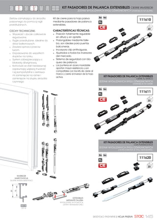 132
MAYOR RAPIDEZ
DE MONTAJE
Ambas bisagras poseen
un menor número de
elementos por lo que
se ahorra tiempo de
montaje.
BISAGRAS de Oscilobatiente
REVERSIBLES
Las mismas bisagras son
válidas tanto para la
hoja activa como para
la hoja pasiva
NUEVO CIRCLIP
DE MONTAJE RÁPIDO
que facilita la
extracción del bulón.
NOWY CIRCLIP
ŁATWY MONTAŻ
z wyciąganym
sworzniem.
BISAGRA
SUPERIOR
ZAWIAS
GÓRNY
CONTRAPLACAS DE ZAMAK
KONTRPŁYTKA ZE ZNALU
BISAGRA
INFERIOR
ZAWIAS
DOLNY
NUEVO TAPÓN
Para regulación
vertical directa.
NOWA
POKRYWKA
Dla regulacji
pionowej
bezpośredniej.
El herraje oscilobatiente Smart
para canal europeo, está pensado
para ajustarse a las tipologías de
ventanas más habituales.
Se trata de un nuevo herraje
optimizado que supone una
solución más competitiva y
con más prestaciones para las
ventanas del día a día.
Sus principales características son:
OSCILOBATIENTE SMART
OKUCIE ROZWIERNO-UCHYLNE SMART
REGULACIÓN
EN LAS 3 DIMENSIONES
La bisagra inferior
permite la regulación 3D.
Regulación en altura
desde el exterior
MAYOR SUAVIDAD
DE CIERRE
Todo los sistemas
oscilobatientes Smart
incluye puntos de
cierre encasquillados
Okucie do okien rozwierano-uchylnych
Smart do kanału eropejskiego, zostało
zaprojektowane do najbardziej
typowych okien w tym zakresie.
Jest to nowe okucie zoptymalizowane
będące bardziej konkurencyjne i z
większymi zaletami do najbardziej
typowych okien RU.
Jego główne cechy to :
WIĘKSZA DELIKATNOŚĆ
DOMYKANIA
Wszystkie systemy rozwierano-
uchylne Smart posiadają w
zestawie punkty zamknięcia z
tulejkami Evo-soft
SZYBSZY
MONTAŻ
Obydwa zawiasy
posiadają mniejszą
ilość elementów
zmniejszając w ten
sposób czas montażu.
ODWRACALNE
Te same zawiasy
służą dla skrzydłą
czynnego lub
pasywnego.
REGULACJA W 3
KIERUNKACH
Zawias dolny pozwala
na regulację w 3D.
Regulacja wysokości
z zewnątrz skrzydła.
 