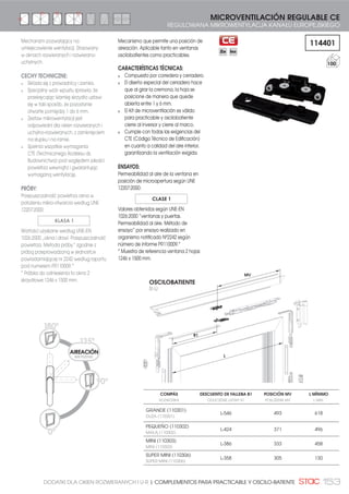 140 HOJA PASIVA | SKRZYDŁO PASYWNE
Kit de cierre para la hoja pasiva de
canal europeo mediante pasadores
de palanca bidireccional
CARACTERÍSTICAS TÉCNICAS:
Se compone de dos terminales
conectados a una palanca
mediante pletinas falleba.
Accionando una sola palanca se
abren o cierran los dos terminales
de zamak.
Los terminales de zamak
incorporan puntos de cierre con
regulación de apriete.
Los punteros en acero inoxidable
aportan mayor resistencia y son
compatibles con los kits de cierre
al marco y cierre al inversor de la
hoja activa.
PASADOR DE PALANCA
BIDIRECCIONAL CON
PUNTEROS ZAMAK
DWUKIERUNKOWY
5*,(/ 'ĭ:,*1,2:
= .2ĘÐ:.$0, =(
ZNALU.
PASADOR DE PALANCA
BIDIRECCIONAL CON
PUNTEROS ZAMAK
DWUKIERUNKOWY
5*,(/ 'ĭ:,*1,2: =
.2ĘÐ:.$0, =( =1$/8
REGULACIÓN
DE APRIETE CON
CERRADERO
REGULACJA
DOCISKU WPUSTEM
REGULOWANYM.
REGULACIÓN DE APRIETE
CON CERRADERO
REGULACJA
DOCISKU WPUSTEM
REGULOWANYM.
± 1,5
± 1,5
PASADOR DE PALANCA BIDIRECCIONAL CE OSCILO-BATIENTE
DWUKIERUNKOWY RYGIEL DŹWIGNIOWY KE DO OKIEN U-R
111601
20
111602
20
Zestaw zamknięcia dla skrzydła
pasywnego o kanale europejskim
za pomocą dwukierunkowych rygli
dźwigniowych.
CECHY TECHNICZNE:
Składa się z dwóch końcówek
połączonych do dźwigni za
pomocą listwy transmisyjnej.
Poruszając tylko jedną dźwignię
otwierają się lub zamykają
obydwie końcówki ze znalu.
Końcówki Zamak zawierają punkty
zamknięcia z regulacją docisku.
Końcówki ze stali nierdzewnej
zapewniają większą trwałość i
są kompatybilne z zestawami
zamknięcie na ramie i zamknięcie
na słupku skrzydła czynnego.
PASADOR DE PALANCA BIDIRECCIONAL
OSCILOBATIENTE CIERRE AL INVERSOR
DWUKIERUNKOWY RYGIEL DŹWIGNIOWY
DO OKIEN U-R ZAMKNIĘCIE NA SŁUPKU
PASADOR DE PALANCA BIDIRECCIONAL
OSCILOBATIENTE CIERRE AL MARCO
DWUKIERUNKOWY RYGIEL DŹWIGNIOWY
OKNA U-R ZAMKNIĘCIE NA RAMIE
111621
20
PASADOR DE PALANCA BIDIRECCIONAL
CON PUNTEROS INOX (CM y CI)
RYGIEL DŻWIGNIOWY DWUKIERUNKOWY Z
KOŃCÓWKAMI STAL NIERDZEWNA
(ZAMKNIĘCIE NA RAMIE I ZAMKNIĘCIE NA SŁUPKU)
PASADOR DE PALANCA
BIDIRECCIONAL CON
PUNTEROS INOX
5*,(/ 'į:,*1,2:
DWUKIERUNKOWY Z
.2ĘÐ:.$0, 67$/
NIERDZEWNA
OŚ 10
EJE 10
20
15
INVERSOR
MARCO/HOJA
6â83(.
5$0$6.5='â2
 