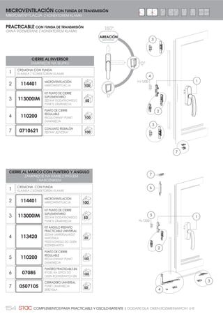 141SKRZYDŁO PASYWNE| HOJA PASIVA
PASADOR DE PALANCA
BIDIRECCIONAL CON PUNTEROS
PLÁSTICOS CON 3817$ 0(7É/,$
DWUKIERUNKOWY RYGIEL
'ĭ:,*1,2: = 3/$67.2:0,
RYGLAMI NA SZPICU Z
0(7$/2:ć .2ĘÐ:.ć
PASADOR DE PALANCA
BIDIRECCIONAL CON
PUNTEROS PLÁSTICOS
DWUKIERUNKOWY
5*,(/ 'ĭ:,*1,2:
Z PLASTYKOWYMI
.2ĘÐ:.$0, 5*/,
PERMITE
REGULACIÓN
POZWALA NA
5(*8/$-Č
± 1
CERRADERO
UNIVERSAL TAMBIÉN
CON REGULACIÓN
UNIWERSALNY
:3867 5Ð:1,(į =
5(*8/$-ć
± 2,5
PRACTICABLE PASADOR DE PALANCA BIDIRECCIONAL CE
OKNA ROZWIERANE DWUKIERUNKOWY RYGIEL DŹWIGNIOWY EK
071600
20
071601
20
Kit de cierre para la hoja pasiva de
canal europeo mediante pasadores
de palanca bidireccional
CARACTERÍSTICAS TÉCNICAS:
Se compone de dos terminales
conectados a una palanca
mediante pletinas falleba.
Accionando una sola palanca se
abren o cierran los dos terminales
plásticos.
Zestaw zamknięcia dla skrzydła
pasywnego o kanale europejskim
za pomocą dwukierunkowych rygli
dźwigniowych.
CECHY TECHNICZNE:
Składa się z dwóch końcówek
połączonych do dźwigni za
pomocą listwy transmisyjnej.
Poruszając tylko jedną dźwignię
otwierają się lub zamykają
obydwie końcówki.
PASADOR DE PALANCA BIDIRECCIONAL
PRACTICABLE
DWUKIERUNKOWY RYGIEL DŹWIGNIOWY
OKNA ROZWIERANE
PASADOR DE PALANCA BIDIRECCIONAL
PRACTICABLE CON PUNTA METÁLICA
DWUKIERUNKOWY RYGIEL DŹWIGNIOWY
OKNA ROZWIERANE
OŚ 10
EJE 10
20
15
± 2,5
INVERSOR
MARCO/HOJA
6â83(.
5$0$6.5='â2
 