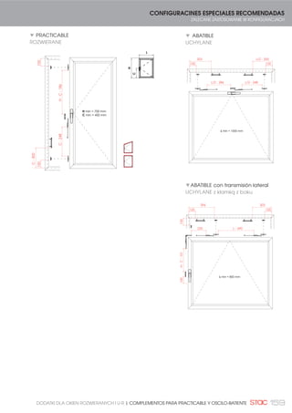 146 HOJA PASIVA | SKRZYDŁO PASYWNE
Mecanismo de retención para la
hoja pasiva.
CARACTERÍSTICAS TÉCNICAS:
Mecanismo para mantener
bloqueada la hoja pasiva
cuando está cerrada.
Se desactiva tirando de la
hoja.
Las dos partes son
automontables y ambas
admiten regulación sobre el
canal lateral.
KIT CLIP RETENEDOR DE HOJA
VENT RETAINER KIT
0507047
50
Mechanizm zamykający skrzydło
pasywne.
CECHY TECHNICZNE:
Mechanizm do zablokowania
zamkniętego skrzydła pasyw-
nego.
Odblokowanie poprzez moc-
niejsze pociągnięcie skrzydła.
Dwie części automontażowe i
obie regulowane.
 