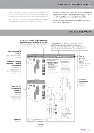 17
ESQUEMA DE PÁGINA
SCHEMAT STRONY
42 CREMONAS Y MANILLAS |KLAMKI
0790 **
20
0794 **
20
Cremona de ventana válida para
aperturas practicables.
CARACTERÍSTICAS TÉCNICAS:
Nuevo diseño de líneas más
puras y estilizadas.
Incorpora un nuevo sistema de
fijación más rápido y sencillo.
Mecanismos internos
perfectamente ajustados
para asegurar un buen
funcionamiento y eliminar
holguras.
Por cada caja a derechas van 5
palas a izquierdas y viceversa.
Palas y piñón de acero.
Ver notas técnicas.
Klamka dla okna rozwieranego
CECHY TECHNICZNE:
Nowy projekt o wyrazistych
liniach.
Może być zastosowany
w oknach rozwieranych i
rozwierano-uchylnych.
Prosty i szybki montaż.
Mechanizmy wewnętrzne
doskonale dopasowane,
aby zagwarantować dobre
działanie i uniemożliwić luzy.
Na każde pudełko prawych
przypada 5 lewych łopatek i
na odwrót.
Zobacz “Uwagi Techniczne”
CREMONA SIRIUS PRACTICABLE A LA FRANCESA
KLAMKA SIRIUS DO OKIEN ROZWIERANYCH
JEDNOKIERUNKOWA
PRACTICABLE A
LA FRANCESA
PRACTICABLE
86,00
7,20
Ø 5,50
120
180
33,50
104,00
92,00
98,00
60,5020,50
11,70
1515
24,00
22,2
19,5
DO OKIEN
ROZWIERANYCH W
STYLU FRANCUSKIM
DO OKIEN
ROZWIERANYCH
CREMONA SIRIUS PRACTICABLE
KLAMKA SIRIUS DO OKIEN ROZWIERANYCH
KIT PALAS DE IZQUIERDAS
ZESTAW ŁOPATEK OTWIERANIE
W LEWO
0507110 20
ALLEN
4
ALLEN
4
Aperturas para las que es válida el producto y
posición aproximada en la ventana/puerta
Rodzaje otwarcia, dla których odpowiedni jest dany
produkt i przybliżone położenie w oknie/drzwiach.
Tipos de
aperturas
(ver índice de
iconos )
Rodzaje otwarcia
(zobacz spis
ikonek)
Esquemas
del producto
Schemat
produktu
Referencia (ver pág.
siguiente) y cantidad
por embalaje
Nr referencyjny
(zobacz następną
stronę) i ilość sztuk w
opakowaniu.
Título o nombre del
producto
Nagłówek lub nazwa
produktu
Iconos de acabados materiales y otras
especificaciones (ver índice de iconos)
Ikonki wykończeń, materiałów i innych
specyfikacji (zobacz spis ikonek)
Sección
Rozdział
Nº de página
Nr strony
Producto con
características
similares al
principal
Produkt o
właściwościach
podobnych do
głównego
CONSIDERACIONES IMPORTANTES
WAŻNE UWAGI
Los productos de STAC disponen de documentación
especializada (fichas y catálogos técnicos) por lo que si
necesita más información no dude en solicitarla.
STAC no se hace responsable de cualquier error en la
impresión de este catálogo.
Jeżeli potrzebują Państwo bardziej szczegółowych
informacji w firmie STAC posiadamy specjalistyczną
dokumentację: katalogi i karty techniczne produktu.
STAC nie jest odpowiedzialny za jakiekolwiek błędy
drukarskie występujące w niniejszym katalogu.
 