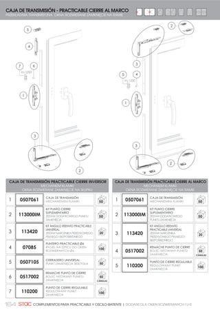 151DODATKI DLA OKIEN ROZWIERANYCH I U-R | COMPLEMENTOS PARA PRACTICABLE Y OSCILO-BATIENTE
Los remaches punto de cierre nos permiten obtener un punto de cierre en cualquier lugar por el que pase una falleba sin necesidad de cortarla. También
nos permiten sustituir a la funda de transmisión, de esta forma la pala de la cremona actúa directamente sobre él por lo que tampoco es necesario cortar
dos fallebas.
Estos puntos de cierre se pueden remachar con las troqueladoras de fallebas STAC.
Bolce nitowane punktu zamknięcia pozwalają nam na uzyskanie punktu zamknięcia w jakimkolwiek miejscu przez jaki
przechodzi listwa bez konieczności obcinania jej.
Również pozwalają one na zastąpienie konektora klamki, w ten sposób łopatka klamki oddziałuje
bezpośrednio na nie, przez co również nie jest konieczne przycinanie dwóch listew.
Te punkty zamknięcia mogę zostać przynitowane wykrojnikami do listew
(automatami) firmy STAC.
COMPLEMENTOS PARA PRACTICABLE Y OSCILO-BATIENTE
DODATKI DLA OKIEN ROZWIERANYCH I UCHYLNO-ROZWIERANYCH
REMACHE PUNTO DE CIERRE EVO-SOFT
BOLEC NITOWANY PUNKTU ZAMKNIĘCIA EVO-SOFT
Ø8 Ø6
0511149
50
CÁNULAS
Ø6
0517002
Ø 6
0511088
Ø 80511149
Ø 6
3
2
1
0517002
50
CÁNULAS
0511088
50
CÁNULAS
REMACHE PUNTO DE CIERRE Ø6
BOLEC NITOWANY PUNKTU ZAMKNIĘCIA Ø6
REMACHE PUNTO DE CIERRE Ø8
BOLEC NITOWANY PUNKTU ZAMKNIĘCIA Ø8
 