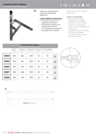 159DODATKI DLA OKIEN ROZWIERANYCH I U-R | COMPLEMENTOS PARA PRACTICABLE Y OSCILO-BATIENTE
CONFIGURACINES ESPECIALES RECOMENDADAS
ZALECANE ZASTOSOWANIE W KONFIGURACJACH
100100
C-300
H-C-186C-248
H min = 700 mm
C min = 450 mm
100100
303
L/2 - 248L/2 - 286
L min = 1000 mm
L/2 - 300
L
H
C
100
100
120
L - 690220
L min = 800 mm
303396
H-C-101100
T ABATIBLE
UCHYLANE
TABATIBLE con transmisión lateral
UCHYLANE z klamką z boku
T PRACTICABLE
ROZWIERANE
 