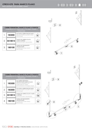 167ODCHYLNE I WYCHYLNE| ABATIBLE Y PROYECTANTE
IZQUIERDAS
LEWA
CIERRE ORIÓN
ZAMKNIĘCIE ORION
150
1
**
2
30
1503 **
30
CONTRA-CIERRE ORIÓN INTERIOR
ZACZEP ORION OTWIERANIE DO WEWNĄTRZ
1504 **
30
CONTRA-CIERRE ORIÓN EXTERIOR
ZACZEP ORION OTWIERANIE NA ZEWNĄTRZ
DER. PRAWA
IZQ. LEWA
MANILLA ORIÓN
KLAMKA ORION
Cierre de presión para aperturas
interiores y exteriores.
CARACTERÍSTICAS TÉCNICAS:
La base permite un triple
posicionamiento del tornillo,
permitiendo una sujeción sin
problemas.
La manilla y los contracierres
poseen tapas embellecedoras
para ocultar los tornillos
aumentando la estética.
Todos los elementos incluyen
3 calzos de 3, 2, 1 mm
respectivamente, pudiendo
aumentar la altura desde 1
hasta 6 mm para dar mayor
presión al cierre.
Se dispone de dos
contracierres, uno por apertura
exterior y otro para apertura
interior.
Zamknięcie dociskowe do
elementów otwieranych do
wewnątrz i na zewnątrz.
CECHY TECHNICZNE:
Podstawa pozwala na umiej-
scowienie śruby w trzech
miejscach.
Uchwyt i zamki wyposażone
w szyldy zakrywające śruby,
polepszając estetykę.
Wszystkie elementy
wyposażone w 3 kliny 1-2-3
mm, dzięki którym zwiekszając
wysokość od 1 do 6 mm,
osiągamy lepszy docisk
zamykający.
Wyposażone w dwa
zamknięcia, jedno do otwie¡
rania zewnętrznego a drugie
wewnętrznego.
APERTURA EXTERIOR
27:,(5$1,$ 1$ =(:1ć75=
APERTURA INTERIOR
27:,(5$1,( '2 :(:1ć75=
 
