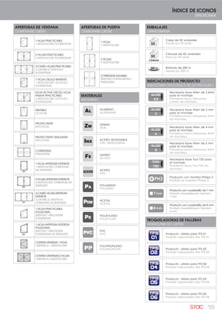 19
ÍNDICE DE ICONOS
SPIS IKONEK
MATERIALES
MATERIAŁY
ALUMINIO
ALUMINIUM
ZAMAK
ZNAL
ACERO INOXIDABLE
STAL NIERDZEWNA
HIERRO
ŻELAZO
ACERO
STAL
POLIAMIDA
POLIAMID
ACETAL
ACETAL
PE
POLIETILENO
POLIETYLEN
PVC
PVC
POLIPROPILENO
POLIPROPYLEN
TROQUELADORAS DE FALLEBAS
WYKROJNIK DO LISTEW
7)6

Producto válido para TFS-01
Produkt odpowiedni dla TFS-01
Producto válido para TFS-02
Produkt odpowiedni dla TFS-02
Producto válido para TFS-04
Produkt odpowiedni dla TFS-04
Producto válido para TFS-05
Produkt odpowiedni dla TFS-05
Producto válido para TFS-06
Produkt odpowiedni dla TFS-06
INDICACIONES DE PRODUCTO
WSKAZÓWKI ODNOSZĄCE SIĘ DO PRODUKTU
ALLEN
2,5
Necesaria llave Allen de 2,5mm
para el montaje.
Potrzebny klucz imbusowy
2,5mm do montażu.
ALLEN
3
Necesaria llave Allen de 3 mm
para el montaje.
Potrzebny klucz imbusowy 3mm
do montażu.
ALLEN
4
Necesaria llave Allen de 4 mm
para el montaje.
Potrzebny klucz imbusowy 4mm
do montażu.
ALLEN
6
Necesaria llave Allen de 6 mm
para el montaje.
Potrzebny klucz imbusowy 6mm
do montażu.
TORX
T30
Necesaria llave Torx T30 para
el montaje.
Potrzebny klucz Torx T30 do
montażu.
PH2 Producto con tornillos Philips 2.
Produkt ze śrubami Philips 2.
7 mm
Producto con cuadradillo de 7 mm.
Produkt z kwadratowym trzpniem
7 mm.
8 mm
Producto con cuadradillo de 8 mm.
Produkt z kwadratowym trzpniem
8 mm.
EMBALAJES
OPAKOWANIA
50
Cajas de 50 unidades
Paczki po 50 sztuk
50
CÁNULAS
Cánulas de 50 unidades
Rurki po 50 sztuk
200 m Bobinas de 200 m
Szpule po 200 m
APERTURAS DE VENTANA
OTWIERANIE OKIEN
1 HOJA PRACTICABLE
1 SKRZYDŁOWE ROZWIERANE
2 HOJAS PRACTICABLE
2 SKRZYDŁOWE ROZWIERANE
3 O MÁS HOJAS PRACTICABLE
3 LUB WIĘCEJ SKRZYDŁA
ROZWIERANE
1 HOJA OSCILO-BATIENTE
1 SKRZYDŁOWE UCHYLNO-
ROZWIERANE
HOJA ACTIVA OSCILO HOJA
PASIVA PRACTICABLE
2 SKRZYDŁOWE UCHYLNO-
ROZWIERANE
ABATIBLE
UCHYLNE
PROYECTANTE
WYCHYLNE
PROYECTANTE DESLIZANTE
WYCHYLNE
CORREDERA
PRZESUWNE
EXT.
1 HOJA APERTURA EXTERIOR
1 SKRZYDŁOWE OTWIERANIE
NA ZEWNĄTRZ
EXT.
2 HOJAS APERTURA EXTERIOR
2 SKRZYDŁOWE OTWIERANIE NA
ZEWNĄTRZ
EXT.
3 O MÁS HOJAS APERTURA
EXTERIOR
3 LUB WIĘCEJ SKRZYDŁA
OTWIERANE NA ZEWNĄTRZ
1 HOJA PRACTICABLE
POLIGONAL
SKRZYDŁO WIELOKĄTNE
ROZWIERANE
EXT.
1 HOJA APERTURA EXTERIOR
POLIGONAL
SKRZYDŁO WIELOKĄTNE
ROZWIERANE NA ZEWNĄTRZ
CONTRA-VENTANA 1 HOJA
OKIENNICA 1 SKRZYDŁOWA
CONTRA-VENTANAS 2 HOJAS
OKIENNICA 2 SKRZYDŁOWA
APERTURAS DE PUERTA
OTWIERANIE DRZWI
1 HOJA
1 SKRZYDŁOWE
2 HOJAS
2 SKRZYDŁOWE
CORREDERA ELEVABLE
SKRZYDŁO PODNOSZONO
PRZESUWNE.
 