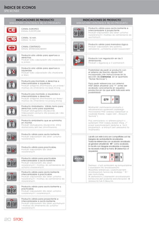 20
INDICACIONES DE PRODUCTO
WSKAZÓWKI ODNOSZĄCE SIĘ DO PRODUKTU
CANAL EUROPEO
KANAŁ EUROPEJSKI
CANAL 16 mm
KANAŁ 16 mm
CANAL CENTRADO
KANAŁ WYŚRODKOWANY
Producto sólo válido para apertura a
derechas.
Produkt tylko odpowiedni dla otwierania
w prawo.
Producto sólo válido para apertura a
izquierdas.
Produkt tylko odpowiedni dla otwieranie
w lewo.
Producto pre-montado a derechas e
intercambiable a izquierdas.
Produkt wstępnie zmontowany po prawej i
możliwy do zmienienia na lewą stronę.
Producto pre-montado a izquierdas e
intercambiable a derechas.
Produkt wstępnie zmontowany po lewej i
możliwy do zmienienia na prawą stronę.
Producto Ambidiestro. Válido tanto para
derechas como para izquierdas.
Produkt obsługiwany oburęcznie.
Odpowiedni zarówno dla prawej jak i dla
lewej strony.
Producto ambidiestro que se suministra
sin montar.
Produkt obsługiwany oburęcznie, który
dostarczany jest bez zmontowania.
Producto válido para oscilo-batiente.
Produkt odpowiedni dla okien uchylno-
rozwieranych.
Producto válido para practicable.
Produkt odpowiedni dla okien
rozwieranych.
Producto válido para practicable
intercambiable a oscilo-batiente.
Produkt odpowiedni dla okien
rozwieranych i możliwy do zamienienia do
uchylno-rozwieranych.
Producto válido para oscilo-batiente
intercambiable a practicable.
Produkt odpowiedni dla okien uchylno-
rozwieranych i możliwy do zamienienia do
rozwieranych.
Producto válido para oscilo-batiente y
practicable.
Produkt odpowiedni dla okien uchylno-
rozwieranych i rozwieranych.
Producto válido para proyectante e
intercambiable a oscilo-batiente.
Produkt odpowiedni dla okien wychylnych
i możliwy do zmienienia do uchylno-
rozwieranych.
INDICACIONES DE PRODUCTO
WSKAZÓWKI ODNOSZĄCE SIĘ DO PRODUKTU
Producto válido para oscilo-batiente e
intercambiable a proyectante.
Produkt odpowiedni dla okien uchylno-
rozwieranych i możliwy do zamienienia do
wychylnych.
1 2
Producto válido para maniobra lógica.
Produkt odpowiedni dla systemu
zamykania „uchylenie przed rozwarciem”.
REG Producto con regulación en las 3
dimensiones.
Produkt z regulacją w 3 wymiarach.
Posibilidad de pedir el producto con
el sistema de fijación rápida FAST
incorporado (ver instrucciones en la
sección de Cremonas, en el apartado
“Notas Técnicas”).
Para pedir referencias con sistema
FAST debe añadirse una “F” antes del
acabado (únicamente en aquellos
productos en los que esté indicada esta
posibilidad):
079 F **
Możliwość zamówienia produktu z
wbudowanym systemem szybkiego
mocowania FAST (zobacz wskazówki w
rozdziale Klamki, części dot. „Nowych
Technik”).
Przy zamówieniu nr referencyjnych z
systemem FAST należy dodać literę „F”
przed wykończeniem (jedynie w tych
produktach, w których jest wskazana ta
możliwość):
Las kits con este icono son compatibles con las
bisagras de oscilobatiente anodizadas.
Todas las referencias con acabado anodizado
se generan añadiendo “81” como acabado.
En los kits con bisagras anodizadas a mayores
es necesario indicar la mano: D (derecha) o I
(izquierda)
1132
D
81 S
I
Zestawy z tym symbolem są kompatybilne
z zawiasami RU anodowanymi.
Wszystkie referencje z wykończeniem
anodowanym tworzy się dodając “ 81”
jako końcówkę.
W zestawach z zawiasami anodowanymi
konieczne jest podanie kierunkowości: D
(prawy/a) lub I (lewy/a).
ÍNDICE DE ICONOS
SPIS IKONEK
 