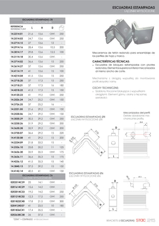 200 CORREDERA | PRZESUWNE
Kit para la corredera S2000
CARACTERÍSTICAS TÉCNICAS:
Carcasa de rodamiento en
nylon con ruedas de bolas. Se
suministra montada con torni-
llería de acero inoxidable, con
dos ruedas y con regulación
en altura de 3 posiciones.
Carcasa en zamak opcional
con rodamiento de bolas, con
una o dos ruedas y regulación
en altura progresiva.
Las tapas de hoja centro
continúan la línea de hoja.
Desagüe compuesto por
deflector y tapa para mejorar
la estanqueidad.
Opcionalmente se puede
suministrar el kit con escuadras
inyectadas y escuadras de
alineamiento.
Horquilla guía lateral con tope
amortiguador de final de
carrera.
KIT CORREDERA S2000
ZESTAWY DO OKIEN PRZESUWNYCH S2000
Zestawy do okien przesuwnych
S2000
CECHY TECHNICZNE:
Obudowa elementu jezdnego
wykonana z nylonu z rolkami
kulkowanymi. Dostarczana
jest zamontowana wraz ze
śrubami ze stali nierdzewnej, z
dwoma rolkami i regulacją na
wysokość w 3 położeniach.
Obudowa ze znal opcjonalna
z łożyskiem kulkowym, z
jednym lub dwoma rolkami.
Zaślepki skrzydła środkowego
przedłużają linie skrzydła.
Odpływ z zaślepką w celu
zwiększenia szczelności okna.
Opcjonalnie dostarczony
z zestawem szablonów
montażowych i szablonów
ustawienia.
Boczne widełki prowadzące
z amortyzującym
ogranicznikiem posuwu.
KITS CORREDERA S2000
CORTAVIENTOS ESTRECHO (Para marco COR-2004)
ZESTAWY DO OKIEN PRZESUWNYCH S2000 WĄSKI
DETAL PRZECIW PODMUCHOM WIATRU
09002004
KIT S2000 CON CARCASA
PLÁSTICA (2 RUEDAS BOLAS)
ZESTAW S2000 Z PLASTIKOWA
OBUDOWA (2 ROLKAMI
KULKOWYMI)
12
09022004
KIT S2000 CON CARCASA
ZAMAK (1 RUEDA BOLAS)
=(67$: 6 = 2%8'2:ć =(
ZNAL (1 ROLKA KULKOWA)
12
09012004
KIT S2000 CON CARCASA
ZAMAK (2 RUEDAS BOLAS)
=(67$: 6 = 2%8'2:ć =(
ZNAL (2 ROLKI KULKOWE)
12
KITS CORREDERA S2000
CORTAVIENTOS ANCHO (Para marco COR-2005)
ZESTAWY DO OKIEN PRZESUWNYCH S2000 SZERO-
KI DETAL PRZECIW PODMUCHOM WIATRU
09002005
KIT S2000 CON CARCASA
PLÁSTICA (2 RUEDAS BOLAS)
=(67$: 6 = 3/$67,.2:ć
2%8'2:ć  52/., .8/.2:( 