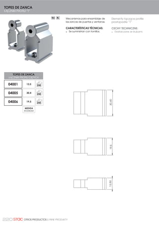 202 CORREDERA | PRZESUWNE
Kits para la corredera S4200
CARACTERÍSTICAS TÉCNICAS:
Carcasa de rodamiento en
zamak, con ruedas de doble
rodamiento de bolas. Se
suministra montada y con
tornillería en acero inoxidable,
tanto el rodamiento simple
como el tandem.
El diseño permite una
regulación progresiva de la
hoja.
Tapas de hoja centro de dos
piezas a bayoneta
Desagüe compuesto por
deflector y tapa para mejorar
la estanqueidad.
Opcionalmente se puede
suministrar el kit con escuadras
estampadas y escuadras de
alineamiento.
Horquilla guía lateral con tope
amortiguador de final de
carrera.
KIT CORREDERA S4200
ZESTAWY DO OKIEN PRZESUWNYCH S4200
Zestaw do okien przesuwnych
S4200
CECHY TECHNICZNE:
Obudowa elementu
jezdnego ze znal. Dostarczany
zamontowany za pomocą
śrub ze stali nierdzewnej, z
jedną lub z dwoma rolkami.
Pozwala na stopniowe
regulowanie skrzydła.
Zaślepki skrzydła części
środkowej złożone z dwóch
elementów.
Odpływ z zaślepką w celu
zwiększenia szczelności okna.
Opcjonalnie dostarczony
z zestawem szablonów
montażowych i szablonów
ustawienia.
Boczne widełki prowadzące
z amortyzującym
ogranicznikiem posuwu.
KITS CORREDERA S4200
ZESTAWY DO OKIEN PRZESUWNYCH S4200
09024200
KIT S4200 CON CARCASA
ZAMAK (1 RUEDA BOLA)
=(67$: 6 = 2%8'2:ć =(
ZNAL (1 ROLKA KULKOWA)
12
09004200
KIT S4200 CON CARCASA
ZAMAK (2 RUEDAS BOLAS)
=(67$: 6 = 2%8'2:ć =(
ZNAL (2 ROLKI KULKOWE)
12
 