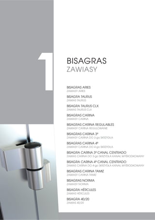 BISAGRAS ARIES
ZAWIASY ARIES
BISAGRA TAURUS
ZAWIAS TAURUS
BISAGRA TAURUS CLX
ZAWIAS TAURUS CLX
BISAGRAS CARINA
ZAWIASY CARINA
BISAGRAS CARINA REGULABLES
ZAWIASY CARINA REGULOWANIE
BISAGRAS CARINA 3ª
ZAWIASY CARINA DO 3-go SKRZYDŁA
BISAGRAS CARINA 4ª
ZAWIASY CARINA DO 4-go SKRZYDŁA
BISAGRA CARINA 3ª CANAL CENTRADO
ZAWIAS CARINA DO 3-go SKRZYDŁA KANAŁ WYŚRODKOWANY
BISAGRA CARINA 4ª CANAL CENTRADO
ZAWIAS CARINA DO 4-go SKRZYDŁA KANAŁ WYŚRODKOWANY
BISAGRAS CARINA TAMIZ
ZAWIASY CARINA TAMIZ
BISAGRAS NORMA
ZAWIASY NORMA
BISAGRA HÉRCULES
ZAWIAS HÉRCULES
BISAGRA 40/20
ZAWIAS 40/20
1
BISAGRAS
ZAWIASY
 