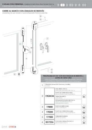 221INNE PRODUKTY| OTROS PRODUCTOS
Productos inyectados en plásticos con
materiales de máxima calidad.
CARACTERÍSTICAS TÉCNICAS:
Elementos de inyección plástica
que complementan otros
productos STAC.
REF. 99009
GRAPA JUNQUILLO
Elemento de policarbonato de
sujeción del junquillo.
REF. 99008
TAPA INVERSORA S/2300
Tapa para el inversor inyectada en
Santoprene. Su diseño especial oculta
el corte del inversor, favoreciendo la
estética.
Tapa deflector para cajeados CE 30 x 5 mm.
Zaślepka do otworów odwadniających 30 x 5 mm.
INYECCIÓN DE PLÁSTICO
AKCESORIA Z TWORZYWA SZTUCZNEGO - ODLEWANE
DEFLECTORES
ZAŚLEPKI
1 09007
TAPA DEFLECTOR
POKRYWA
DEFLEKTORA
1000
2 09007B
TAPA DEFLECTOR
POKRYWA
DEFLEKTORA
1000
3 09006
DEFLECTOR
DEFLEKTOR 1000
4 09006B
DEFLECTOR
DEFLEKTOR 1000
5 09020
DEFLECTOR CON
ABERTURAS LATERALES
DEFLEKTOR
ABERTURAS LATERALES
1000
6 09016
DEFLECTOR
DEFLEKTOR 1000
7 99024
DEFLECTOR
DEFLEKTOR 1000
8 09027
TAPA DESAGÜE
32.5:$ 2'3â:8 1500
TAPA INVERSORA S/2300
ZAŚLEPKA DO ZESTAWU S/2300
99008
110
GRAPA JUNQUILLO
KLAMRA LISTWY
99009
4000
1
2
3
4
Elementy z tworzywa sztucznego
o wysokiej jakości produkowane
metodą odlewania.
CECHY TECHNICZNE:
Elementy uzupełniające lub
opjonalne dla zestawów i
produktów STAC.
REF. 99009
KLAMRA LISTWY
Element z poliwęglanu do mo-
cowania listwy.
REF. 99008
ZAŚLEPKA DO ZESTAWU S/2300
Zaślepka do okien przesuwnych
wytłoczona ze Santoprene. Jej
kształt umożliwia ukrycia cięcia w
górnej części profilu, polepszając
estetykę.
5
6
8
46,3 x 14 x 6 mm
46,4 x 9 x 6 mm
46,3 x 14 x 6 mm
46,25 x 13,1 x 6 mm
27 x 9,5 x 8 mm
7
A
B
C
A x B x C mm
5,6
4,4
Ø 12,5
Ø
14,1
 