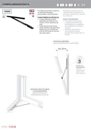 229MASZYNY| MAQUINARIA
TROQUELADORA DE FALLEBAS TFS-05
WYKROJNIK DO LISTEW TFS - 05
4450
1
SOPORTE DEVANADORA DE BOBINA DE FALLEBA
STOJAK NAWIJARKI SZPULI DO LISTEW
4449
1
Corte y punzonado: 6 mm
Cięcie i perforowanie: 6 mm
Troquelado
Wykrajanie
Remachado
REMACHE REF. 0517002
Nitowanie
NR REF. 0517002
Corte y punzonado:
6 mm y ranura
Cięcie i perforowanie 6 mm i
Rowkowanie
Troqueladora de fallebas
semiautomática que mecaniza
pletinas falleba para canal
europeo, canal 16 mm y canal
Cortizo 16.
CARACTERÍSTICAS TÉCNICAS:
Mecaniza pletinas fallebas para
canal europeo, canal 16 mm y
canal Cortizo 16.
Corte y punzonado a 6 mm.
Además troquela y remacha.
Facilita la actividad del
técnico proporcionando mayor
eficiencia y rapidez a su trabajo
(menos recortes)
Apenas ocupa espacio en el
taller: 240 x 250 x 365 mm
Elementos y componentes de la
máquina de máxima calidad.
Wykrojnik półautomatyczny do
listew do kanału „europejskiego”,
kanał 16 mm.
CECHY TECHNICZNE:
Obróbka listwy do kanału eu-
ropejskiego, kanał 16 mm .
Cięcie, wykrawanie otwo-
ru 6 mm i nitowanie bolca
zamykającego.
Ułatwia pracę zwiększając
wydajność i prędkość pracy
(mniej docinania).
Zajmuje mało miejsca w war-
sztacie: 240 x 250 x 365 mm
Elementy i komponenty
maszyny najwyższej jakości.
 