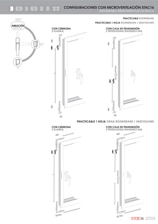 236
KITS PARA PRACTICABLE 1 HOJA STAC16
ZESTAWIENIA DLA OKIEN ROZWIERANYCH STAC16 EXT. EXT.
50
17K1HCI
KIT CIERRE AL INVERSOR CON 2 PUNTEROS
ZESTAW ZAMKNIĘCIA NA SŁUPKU Z 2 RYGLAMI
1
.+0
CIERRE AL MARCO CON 2 ÁNG. DE REENVÍO
ZAMKNIĘCIE NA RAMIE Z 2 NAROŻNIKAMI
PRZESYŁOWYMI
 
