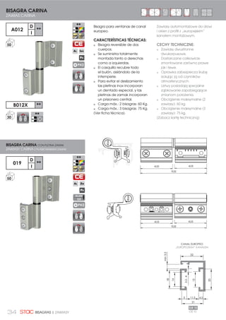 34 BISAGRAS | ZAWIASY
Bisagra para ventanas de canal
europeo.
CARACTERÍSTICAS TÉCNICAS:
Bisagra reversible de dos
cuerpos.
Se suministra totalmente
montada tanto a derechas
como a izquierdas.
El casquillo recubre todo
el bulón, aislándolo de la
intemperie.
Para evitar el deslizamiento
las pletinas inox incorporan
un dentado especial, y las
pletinas de zamak incorporan
un prisionero central.
Carga máx.: 2 bisagras: 60 Kg.
Carga máx.: 3 bisagras: 75 Kg.
(Ver ficha técnica).
93,00
45,00 45,00
22
11.5
14
18
15
20
3.5-4
min3.5
21
5 4.5
EJE 10
93,00
45,00 45,00
A012
D
**
I
BISAGRA CARINA
ZAWIAS CARINA
50
Zawiasy automontażowe do drzwi
i okien z profili z „europejskim”
kanałem montażowym.
CECHY TECHNICZNE:
Zawiasy dwustronne
dwukorpusowe.
Dostarczane całkowicie
zmontowane zarówno prawe
jak i lewe.
Oprawka zabezpiecza śrubę
izolując ją od czynników
atmosferycznych.
Listwy posiadają specjalne
ząbkowanie zapobiegające
zmianom położenia.
Obciążenie maksymalne (2
zawiasy): 60 kg.
Obciążenie maksymalne (3
zawiasy): 75 kg.
(Zobacz kartę techniczną)
019
D
**
I
BISAGRA CARINA CON PLETINA ZAMAK
ZAWIASY CARINA Z PŁASKOWNIKIEM ZAMAK
50
LIQUID
PAINT
RAL
PVD
BLNG
**
LIQUID
PAINT
RAL
PVD
BLNG
**
PH2
ALLEN
2,5
PH2
CANAL EUROPEO
Å(8523(-6.,0µ .$1$â(0
OŚ 10
B012X **
30 BLNG
**
 