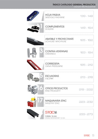 5
ÍNDICE CATÁLOGO GENERAL PRODUCTOS
OGÓLNY SPIS PRODUKTÓW
10 HOJA PASIVA
SKRZYDŁO PASYWNE
139 - 148
11 COMPLEMENTOS
DODATKI
149 - 164
12 ABATIBLE Y PROYECTANTE
UCHYLNE I WYCHYLNE
165 - 182
13 CONTRA-VENTANAS
OKIENNICE
183 - 184
14 CORREDERA
OKNA PRZESUWNE
185 - 212
15 ESCUADRAS
ŁĄCZNIKI
213 - 218
16 OTROS PRODUCTOS
INNE PRODUKTY
219 - 222
17 MAQUINARIA STAC
MASZYNY STAC
223-232
18 CANAL 16 mm
KANAŁ MONTAŻOWY 16 mm
233-273
 