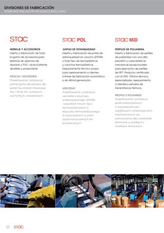 8
DIVISIONES DE FABRICACIÓN
KOMPLEKS ZAKLADOW PRODUKCYJNYCH STAC
HERRAJE Y ACCESORIOS
Diseño y fabricación de toda
la gama de accesorios para
sistemas de apertura de
aluminio y PVC: oscilo-batiente,
abatible y proyectante.
OKUCIA I AKCESORIA
Projektowanie i produkcja
pełnej gamy akcesoriów dla
systemów stolarki otworowej
ALU i PCW: RU, uchylnych,
wychylnych, rozwieranych.
JUNTAS DE ESTANQUEIDAD
Diseño y fabricación de juntas de
estanqueidad en caucho (EPDM)
y todo tipo de termoplásticos
y cauchos termoplásticos.
Departamento técnico propio
para asesoramiento a clientes.
6 líneas de fabricación automática
y de última generación.
USZCZELKI
Projektowanie i produkcja
uszczelek z kauczuku
wulkanizowanego (EPDM)
i wszystkich innych typu
termoplastycznych y
kauczuku termoplastycznego.
6 nowoczesnych w pełni
zautomatyzowanych lini
produkcyjnych.
PERFILES DE POLIAMIDA
Diseño y fabricación de perfiles
de poliamida con una alta
precisión y características
mecánicas excepcionales
para aplicación de perfiles
de RPT. Producto certificado
con el ATG. Oficina técnica
especializada, asesoramiento
a clientes y estudios de
transmitancia térmica.
PROFILE Z POLIAMIDU
Projektowanie i produkcja
profili poliamidowych
o wysokiej precyzji i
wyjątkowych właściwościach
mechanicznych do
zastosowania jako przekładki
termiczne w profilach z
mostkiem termicznym.
 