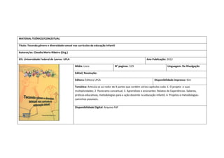 MATERIAL TEÓRICO/CONCEITUAL 
Título: Tecendo gênero e diversidade sexual nos currículos da educação infantil 
Autoras/es: Claudia Maria Ribeiro (Org.) 
IES: Universidade Federal de Lavras- UFLA 
Ano Publicação: 2012 
Mídia: Livro 
N° paginas: 529 
Linguagem: De Divulgação 
Edital/ Resolução: 
Editora: Editora UFLA 
Disponibilidade impresso: Sim 
Temática: Articula-se ao redor de 4 partes que contêm vários capítulos cada: 1. O projeto e suas multiplicidades; 2. Panorama conceitual; 3. Aprendizes e ensinantes: Relatos de Experiências. Saberes, práticas educativas, metodologias para a ação docente na educação infantil; 4. Projetos e metodologias- caminhos possíveis. 
Disponibilidade Digital: Arquivo Pdf  