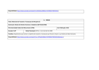 Disponibilidade https://www.youtube.com/watch?v=jfC5B1dsc2M&list=PL970BC3F78C9CDCE2 
6. VÍDEOS 
Titulo: Memorial de Travestis e Transexuais de BH (parte 2) 
Autoras/es: Núcleo de Direitos Humanos e Cidadania LGBT-NUH/UFMG 
IES:Universidade Federal de Minas Gerais-UFMG 
Ano Publicação: 2010 
Duração: 9,39’ 
Edital/ Resolução EDITAL 1 de 16 de Abril de 2008 
Temática: Depoimentos que contam a trajetória de travestis e transexuais que fizeram e fazem a sua história em Belo Horizonte 
Disponibilidade https://www.youtube.com/watch?v=g_6YPxjOxH4&list=PL970BC3F78C9CDCE2&index=2  