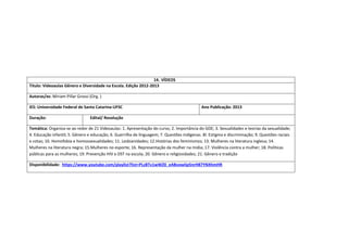 14. VÍDEOS 
Titulo: Videoaulas Gênero e Diversidade na Escola. Edição 2012-2013 
Autoras/es: Miriam Pillar Grossi (Org. ) 
IES: Universidade Federal de Santa Catarina-UFSC 
Ano Publicação: 2013 
Duração: 
Edital/ Resolução 
Temática: Organiza-se ao redor de 21 Videoaulas: 1. Apresentação do curso; 2. Importância do GDE; 3. Sexualidades e teorias da sexualidade; 4. Educação infantil; 5. Gênero e educação; 6. Guerrilha de linguagem; 7. Questões indígenas. 8l. Estigma e discriminação; 9. Questões raciais e cotas; 10. Homofobia e homossexualidades; 11. Lesbianidades; 12.Histórias dos feminismos; 13. Mulheres na literatura inglesa; 14. Mulheres na literatura negra; 15.Mulheres no esporte; 16. Representação da mulher na mídia; 17. Violência contra a mulher; 18. Políticas públicas para as mulheres; 19. Prevenção HIV e DST na escola; 20. Gênero e religiosidades; 21. Gênero e tradição 
Disponibilidade: https://www.youtube.com/playlist?list=PLzBTv1wWZ0_eABvowIip5nrH87YNXhmHR 
 