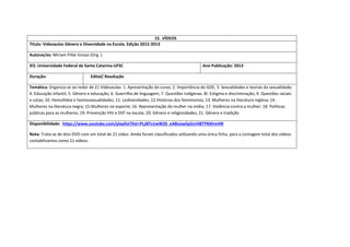 15. VÍDEOS 
Titulo: Videoaulas Gênero e Diversidade na Escola. Edição 2012-2013 
Autoras/es: Miriam Pillar Grossi (Org. ) 
IES: Universidade Federal de Santa Catarina-UFSC 
Ano Publicação: 2013 
Duração: 
Edital/ Resolução 
Temática: Organiza-se ao redor de 21 Videoaulas: 1. Apresentação do curso; 2. Importância do GDE; 3. Sexualidades e teorias da sexualidade; 4. Educação infantil; 5. Gênero e educação; 6. Guerrilha de linguagem; 7. Questões indígenas. 8l. Estigma e discriminação; 9. Questões raciais e cotas; 10. Homofobia e homossexualidades; 11. Lesbianidades; 12.Histórias dos feminismos; 13. Mulheres na literatura inglesa; 14. Mulheres na literatura negra; 15.Mulheres no esporte; 16. Representação da mulher na mídia; 17. Violência contra a mulher; 18. Políticas públicas para as mulheres; 19. Prevenção HIV e DST na escola; 20. Gênero e religiosidades; 21. Gênero e tradição 
Disponibilidade: https://www.youtube.com/playlist?list=PLzBTv1wWZ0_eABvowIip5nrH87YNXhmHR 
Nota: Trata-se de dois DVD com um total de 21 vídeo. Ainda foram classificados utilizando uma única ficha, para a contagem total dos vídeos contabilizamos como 21 vídeos. 
 
