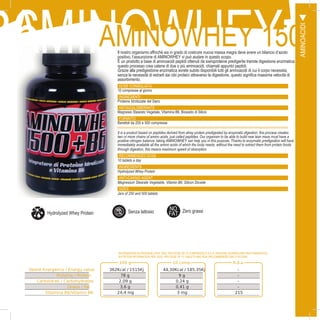13
B6AMINOWHEY 15AMINOWHEY 1500Il nostro organismo affinché sia in grado di costruire nuova massa magra deve avere un bilancio d’azoto
positivo, l’assunzione di AMINOWHEY vi può aiutare in questo scopo.
È un prodotto a base di aminoacidi peptidi ottenuti da sieroproteine predigerite tramite digestione enzimatica:
questo processo crea catene di due o più aminoacidi, chiamati appunto peptidi.
Grazie alla predigestione enzimatica avrete subito disponibili tutti gli aminoacidi di cui il corpo necessita,
senza la necessità di estrarli dai cibi proteici attraverso la digestione, questo significa massima velocità di
assorbimento.
DOSE CONSIGLIATA
10 compresse al giorno
INGREDIENTI
Proteine Idrolizzate del Siero
ANTIAGGLOMERANTE
Magnesio Stearato Vegetale, Vitamina B6, Biossido di Silicio
FORMATO
Barattoli da 250 e 500 compresse
100 g 10 comp. R.d.a.
Valore Energetico / Energy value 362Kcal / 1515Kj 44,30Kcal / 185,35Kj -
Proteine / Protein 78 g 9 g -
Carboidrati / Carbohydrates 2,09 g 0,24 g -
Grassi / Fat 3,6 g 0,41 g -
Vitamina B6/Vitamin B6 24,4 mg 3 mg 215
It is a product based on peptides derived from whey protein predigested by enzymatic digestion, this process creates
two or more chains of amino acids, just called peptides. Our organism to be able to build new lean mass must have a
positive nitrogen balance: taking AMINOWHEY can help you in this purpose. Thanks to enzymatic predigestion will have
immediately available all the amino acids of which the body needs, without the need to extract them from protein foods
through digestion, this means maximum speed of absorption.
RECOMMENDED DOSE
10 tablets a day
INGREDIENTS
Hydrolyzed Whey Protein
ANTI-CAKING AGENT
Magnesium Stearate Vegetable, Vitamin B6, Silicon Dioxide
SIZES
Jars of 250 and 500 tablets
INFORMAZIONI NUTRIZIONALI PER 100G, PER DOSE DA 10 COMPRESSE E R.D.A. (RAZIONE GIORNALIERA RACCOMANDATA):
NUTRITION INFORMATION PER 100G, PER DOSE OF 10 TABLETS AND RDA (RECOMMENDED DAILY RATION):
AMINOACIDI
NO
FAT Zero grassiSenza lattosioHydrolyzed Whey Protein
 