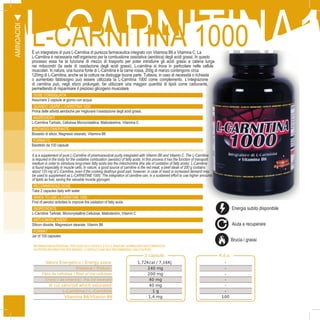 14
L-CARNITINA1L-CARNITINA 1000È un integratore di pura L-Carnitina di purezza farmaceutica integrato con Vitamina B6 e Vitamina C. La
L-Carnitina è necessaria nell’organismo per la combustione ossidativa (aerobica) degli acidi grassi. In questo
processo essa ha la funzione di mezzo di trasporto per poter introdurre gli acidi grassi a catena lunga
nei mitocondri (la sede di ossidazione degli acidi grassi). L-carnitina si trova in particolare nelle cellule
muscolari. In natura, una buona fonte di L-Carnitina è la carne rossa, 200g di manzo contengono circa
120mg di L-Carnitina, anche se la cottura ne distrugge buona parte. Tuttavia, in caso di necessità o richiesta
o aumentato fabbisogno può essere utilizzata la L-Carnitina 1000 come complemento. L’integrazione
di carnitina può, negli sforzi prolungati, far utilizzare una maggior quantità di lipidi come carburante,
permettendo di risparmiare il prezioso glicogeno muscolare.
DOSE CONSIGLIATA
Assumere 2 capsule al giorno con acqua
QUANDO USARE L-CARNITINA 1000
Prima delle attività aerobiche per migliorare l’ossidazione degli acidi grassi.
INGREDIENTI
L-Carnitina Tartrato, Cellulosa Microcristallina, Maltodestrine, Vitamina C
ANTIAGGLOMERANTE
Biossido di silicio, Magnesio stearato, Vitamina B6
FORMATO
Barattolo da 100 capsule
AMINOACIDI
2 capsule R.d.a.
Valore Energetico / Energy value 1,72Kcal / 7,16Kj -
Proteine / Protein 240 mg -
Fibra da cellulosa ) fiber of the cellulose 200 mg -
Grassi ( da stearato) /Fat (of stearate) 40 mg -
di cui saturi/of which saturated 40 mg -
L-Carnitina / L.-Carnitine 1 g -
Vitamina B6/Vitamin B6 1,4 mg 100
It is a supplement of pure L-Carnitine of pharmaceutical purity integrated with Vitamin B6 and Vitamin C. The L-Carnitine
is required in the body for the oxidative combustion (aerobic) of fatty acids. In this process it has the function of transport
medium in order to introduce long-chain fatty acids into the mitochondria (the site of oxidation of fatty acids). L-Carnitine
is found especially in muscle cells. In nature, a good source of carnitine is the red meat, a beef steak of 200 g contains
about 120 mg of L-Carnitine, even if the cooking destroys good part, however, in case of need or increased demand may
be used to supplement as L-CARNITINE 1000. The integration of carnitine can, in a sustained effort to use higher amounts
of lipids as fuel, saving the valuable muscle glycogen.
RECOMMENDED DOSE
Take 2 capsules daily with water
WHEN TO USE L-CARNITINE 1000
First of aerobic activities to improve the oxidation of fatty acids
INGREDIENTS
L-Carnitine Tartrate, Microcrystalline Cellulose, Maltodextrin, Vitamin C
ANTI-CAKING AGENT
Silicon dioxide, Magnesium stearate, Vitamin B6
FORMAT
Jar of 100 capsules
INFORMAZIONI NUTRIZIONALI PER DOSE DA 2 CAPSULE E R.D.A. (RAZIONE GIORNALIERA RACCOMANDATA):
NUTRITION INFORMATION PER SERVING: 2 CAPSULES AND RDA (RECOMMENDED DAILY RATION):
L
Energia subito disponibile
Aiuta a recuperare
Brucia i grassi
 