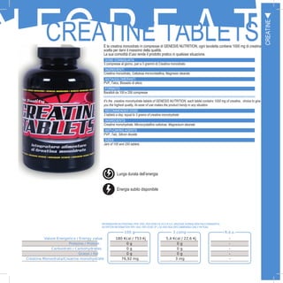 19
N EC R E A T ICREATINE TABLETSÈ la creatina monoidrato in compresse di GENESIS NUTRITION, ogni tavoletta contiene 1000 mg di creatina,
scelta per darvi il massimo della qualità.
La sua comodità d’uso rende il prodotto pratico in qualsiasi situazione.
DOSE CONSIGLIATA
3 compresse al giorno, pari a 3 grammi di Creatina monoidrato
INGREDIENTI
Creatina monoidrato, Cellulosa microcristallina, Magnesio stearato
ANTIAGGLOMERANTI
PVP, Talco, Biossido di silicio
FORMATO
Barattoli da 100 e 250 compresse
100 g 3 comp R.d.a.
Valore Energetico / Energy value 180 Kcal / 753 Kj 5,4 Kcal / 22,6 Kj -
Proteine / Protein 0 g 0 g -
Carboidrati / Carbohydrates 0 g 0 g -
Grassi / Fat 0 g 0 g -
Creatina Monoidrata/Creatine monohydrate 76,92 mg 3 mg -
It’s the creatine monohydrate tablets of GENESIS NUTRITION, each tablet contains 1000 mg of creatine, choice to give
you the highest quality, its ease of use makes the product handy in any situation.
RECOMMENDED DOSE
3 tablets a day, equal to 3 grams of creatine monohydrate
INGREDIENTS
Creatine monohydrate, Microcrystalline cellulose, Magnesium stearate
ANTI-CAKING AGENTS
PVP, Talc, Silicon dioxide
SIZES
Jars of 100 and 250 tablets
INFORMAZIONI NUTRIZIONALI PER 100G, PER DOSE DA 3G E R.D.A. (RAZIONE GIORNALIERA RACCOMANDATA):
NUTRITION INFORMATION PER 100G, PER DOSE OF 1.5G AND RDA (RECOMMENDED DAILY RATION):
CREATINE
Lunga durata dell’energia
Energia subito disponibile
 