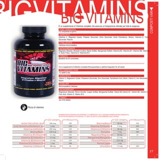 27COMPOSTIVARI
BIGVITAMINSBIG VITAMINSÈ un supplemento di Vitamine completo che assicura un’integrazione ottimale per tutte le esigenze.
DOSE CONSIGLIATA
1/2 compressa al giorno
INGREDIENTI
Vitamina C, Magnesio Ossido, Potassio Gluconato, Zinco Gluconato, Acido Pantotenico, Biotina, Vitamina E, Ferro
Gluconato, Niacina
STABILIZZANTE
Cellulosa microcristallina
ANTIAGGREGANTE
Magnesio Stearato, Biossido di silicio; Rame Solfato, Manganese Solfato, Vitamina B2, Vitamina B1, Vitamina B6, Vitamina
A, Acido Folico, Vitamina D, Vitamina B12
FORMATO
Barattolo da 60 compresse
It is a supplement of Vitamins complete that guarantees a optimal integration for all needs
RECOMMENDED DOSE
1/2 tablet a day
INGREDIENTS
Vitamin C, Magnesium Oxide, Potassium Gluconate, Zinc Gluconate, Pantothenic Acid, Biotin, Vitamin E, Iron Gluconate,
Niacin
STABILIZER
Microcrystalline Cellulose
ANTIAGGREGANT
Magnesium Stearate, Silicon Dioxide; Copper Sulfate, Manganese Sulfate, Vitamin B2,Vitamin B1, Vitamin B6, Vitamin A,
Folic Acid, Vitamin D, Vitamin B12
FORMAT
Jar of 60 tablets
1/2 comp R.d.a.
Acido Folico/Folic Acid 100 mcg 150
Acido Pantotenico/Pantothenic acid 6 mg 150
Vitamina A/Vitamin A 400 mcg 150
Biotina/Biotin 150 mcg 150
Vitamina B1/Vitamin B1 2,1 mg 150
Vitamina B2/Vitamin B2 2,4 mg 150
Vitamina B6/Vitamin B6 1,5 mg 150
Vitamina B12/Vitamin B12 1 mg 108
Vitamina C/Vitamin C 180 mg 54
1/2 comp R.d.a.
Niacina/Niacin 18 mg 150
Vitamina D/Vitamin D 5 mcg 150
Vitamina E/Vitamin E 30 mg 300
Ferro/Iron 7 mg 100
Magnesio/Magnesium 50 mg 15
Manganese/Manganese 2,5 mg -
Potassio/Potassium 12,5 mg -
Rame/Copper 1 mg -
Zinco/Zinc 7,5 mg 100
INFORMAZIONI NUTRIZIONALI PER PORZIONE (1/2 COMPRESSA) E R.D.A. (RAZIONE GIORNALIERA RACCOMANDATA):
NUTRITION INFORMATION FOR SERVING (1/2 TABLETS) AND R.D.A (RECOMMENDED DAILY RATION):
Ricca di vitamine
 