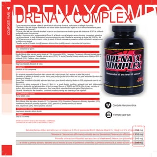 28
DRENAXCOMPLDRENA X COMPLEXÈ una preparazione naturale a base di estratti secchi ad azione diuretica; analizziamo in dettaglio il prodotto:
Il Tarassaco: oltre alla fuzione diuretica ha una buona azione depurativa sul fegato ed è un ottimo antiossidante grazie
alla presenza di Vitamina C.
Tè Verde: oltre alle sue capacità stimolanti ha anche una buona azione diuretica grazie alla titolazione al 50% in polifenoli
usata nella nostra formulazione.
Betulla: è il principio attivo protagonista del Drena X, la Betulla ha una fantastica azione diuretica, depurativa, antisettica
e antinfiammatoria. In studi di laboratorio la somministrazione orale di betulla ha aumentato la diuresi del 30/40% e del
100% l’escrezione del sodio urinario, inoltre gli estratti di Betulla pubescens possiedono effetti antibatterici naturali contro
lo stafilococcus aureus.
Pilosella: anche la Pilosella come il tarassaco abbina ottime qualità drenanti e depurative dell’organismo
DOSE CONSIGLIATA
1 o 2 compresse al giorno
INGREDIENTI
Betulla (Betula Alba) estratto secco titolato al 2,2% di iperoside (35%), Tarassaco (Taraxacum officinate) estratto secco
(25%), Pilosella (Hieracium Pilosella) estratto secco (20%), Té verde (Camelia Sinesis) estratto secco titolato al 50% in
polifenoli (20%), Cellulosa microcristallina.
ANTIAGGREGANTI
Magnesio Stearato, Biossido di Silice.
FORMATO
Barattolo da 100 compresse
1 comp.
Betulla (Betula Alba) estratto secco titolato al 2,2% di iperoside/ Birch (Betula Alba) E.S. titled to 2.2% of iperoside350 mg
Tarassaco (Taraxacum officinate) estratto secco/ Dandelion (Taraxacum officinale) E.S.250 mg
Pilosella (Hieracium Pilosella) estratto secco/ Hawkweed (Hieracium pilosella) E.S.200 mg
Té verde (Camelia Sinesis) estratto secco titolato al 50% in polifenoli/ Green tea (Camellia sinensis) E.S. titled to 50% polyphenols200 mg
It is a natural preparation based on dried extracts with action diuretic, let’s analyze in detail the product.
Dandelion: in addition to diuretic function has a good purifying action on the liver and is a great antioxidant thanks to the
presence of Vitamin C.
Green Tea: in addition to its ability stimulant also has a good diuretic action by titration to 50% polyphenols used in our
formulation.
Birch is the active protagonist of Drena X, Birch is a great diuretic, purifying, antiseptic and anti- inflammatory. In
laboratory studies the oral administration of birch increased diuresis of 30/40% and 100% of the Urinary excretion of
sodium, also extracts of Betulla pubescens , they have effects natural antibacterial against Staphylococcus.
Pilosella: Pilosella also like dandelion, combines excellent draining and cleansing of the organism
RECOMMENDED DOSE
1 or 2 tablets a day
INGREDIENTS
Birch (Betula Alba) dry extract titrated at 2.2% of iperoside (35%), Dandelion (Taraxacum officinale) dry extract (25%),
Hawkweed (Hieracium pilosella) dry extract (20%), green tea (Camellia sinensis) dry extract
50% polyphenols (20%), microcrystalline cellulose
ANTI-CAKING AGENTS
magnesium stearate, silicon dioxide
FORMAT
Jars of 100 tablets
APPORTO DI ESTRATTI VEGETALI PER PORZIONE (1 COMPRESSA):
CONTRIBUTION OF PLANT EXTRACTS PER SERVING (1 TABLET)
COMPOSTIVARI
T
Combatte ritenzione idrica
Formato super size
 