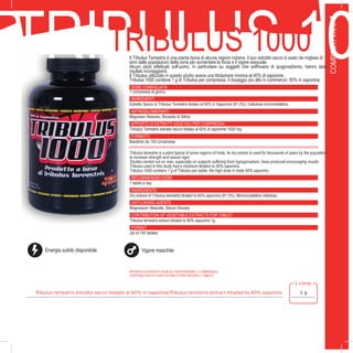 29
PLEX
1 comp.
Tribulus terrestris estratto secco titolato al 60% in saponine/Tribulus terrestris extract titrated to 60% saponins 1 g
APPORTO DI ESTRATTI VEGETALI PER PORZIONE (1 COMPRESSA):
CONTRIBUTION OF PLANT EXTRACTS PER SERVING (1 TABLET)
COMPOSTIVARI
TRIBULUS 10TRIBULUS 1000Il Tribulus Terrestris è una pianta tipica di alcune regioni indiane, il suo estratto secco è usato da migliaia di
anni dalle popolazioni della zona per aumentare la forza e il vigore sessuale.
Alcuni studi effettuati sull’uomo, in particolare su soggetti che soffrivano di ipogonadismo, hanno dato
risultati incoraggianti.
Il Tribulus utilizzato in questo studio aveva una titolazione minima al 40% di saponine .
Tribulus 1000 contiene 1 g di Tribulus per compressa, il dosaggio più alto in commercio: 60% in saponine.
DOSE CONSIGLIATA
1 compressa al giorno
INGREDIENTI
Estratto Secco di Tribulus Terrestris titolato al 60% in Saponine (81,3%), Cellulosa microcristallina.
ANTIAGGLOMERANTI
Magnesio Stearato, Biossido di Silicio
APPORTO DI ESTRATTI VEGETALI PER COMPRESSA:
Tribulus Terrestris estratto secco titolato al 60% di saponine 1000 mg
FORMATO
Barattolo da 100 compresse
Tribulus terrestris is a plant typical of some regions of India, its dry extract is used for thousands of years by the population
to increase strength and sexual vigor.
Studies carried out on man, especially on subjects suffering from hypogonadism, have produced encouraging results.
Tribulus used in this study had a minimum titration to 40% saponins.
Tribulus 1000 contains 1 g of Tribulus per tablet, the high dose in trade 60% saponins.
RECOMMENDED DOSE
1 tablet a day
INGREDIENTS
Dry extract of Tribulus terrestris titrated to 60% saponins (81.3%), Microcrystalline cellulose.
ANTI-CAKING AGENTS
Magnesium Stearate, Silicon Dioxide
CONTRIBUTION OF VEGETABLE EXTRACTS FOR TABLET
Tribulus terrestris extract titrated to 60% saponins 1g
FORMAT
Jar of 100 tablets
Energia subito disponibile Vigore maschile
 