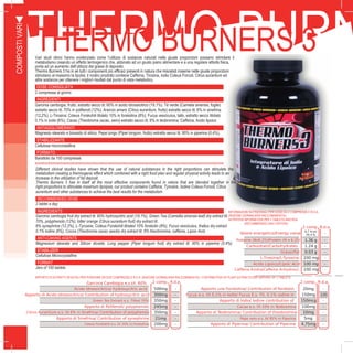 30
THERMO BURNTHERMO BURNERS 3Vari studi clinici hanno evidenziato come l’utilizzo di sostanze naturali nelle giuste proporzioni possano stimolare il
metabolismo creando un effetto termogenico che, abbinato ad un giusto piano alimentare e a una regolare attività fisica,
porta ad un aumento dell’utilizzo dei grassi di deposito.
Thermo Burners 3 ha in sé tutti i componenti più efficaci presenti in natura che miscelati insieme nelle giuste proporzioni
stimolano al massimo la lipolisi; il nostro prodotto contiene Caffeina, Tirosina, Iodio Coleus Forcoli, Citrus aurantium ed
altre sostanze per ottenere i migliori risultati dal punto di vista metabolico.
DOSE CONSIGLIATA
2 compressa al giorno
INGREDIENTI
Garcinia cambogia, frutto, estratto secco tit. 60% in acido idrossicitrico (19,1%); Té verde (Camelia sinensis, foglie)
estratto secco tit. 70% in polifenoli (12%); Arancio amaro (Citrus aurantium, frutto) estratto secco tit. 6% in sinefrina
(12,2%); L-Tirosina; Coleus Forskohili titolato 10% in forskolina (8%); Fucus vesciculus, tallo, estratto secco titolato
0,1% in iodio (6%); Cacao (Theobroma cacao, semi) estratto secco tit. 6% in teobromina; Caffeina; Acido lipoico
ANTIAGGLOMERANTI
Magnesio stearato e biossido di silicio; Pepe lungo (Piper longum, frutto) estratto secco tit. 95% in piperina (0,4%).
STABILIZZANTE
Cellulosa microcristallina
FORMATO
Barattolo da 100 compresse
Different clinical studies have shown that the use of natural substances in the right proportions can stimulate the
metabolism creating a thermogenic effect which combined with a right food plan and regular physical activity leads to an
increase in the utilization of fat deposit.
Thermo Burners 3 has in itself all the most effective components found in nature that are blended together in the
right proportions to stimulate maximum lipolysis, our product contains Caffeine, Tyrosine, Iodine Coleus Forcoli, Citrus
aurantium and other substances to achieve the best results for the metabolism
RECOMMENDED DOSE
2 tablet a day
INGREDIENTS
Garcinia cambogia fruit dry extract tit. 60% hydroxycitric acid (19.1%), Green Tea (Camellia sinensis leaf) dry extract tit.
70%, polyphenols (12%), bitter orange (Citrus aurantium fruit) dry extract tit.
6% synephrine (12.2%), L-Tyrosine, Coleus Forskohili titrated 10% forskolin (8%), Fucus vesciculus, thallus dry extract
0.1% iodine (6%), Cocoa (Theobroma cacao seeds) dry extract tit. 6% theobromine, caffeine, Lipoic Acid.
ANTI-CAKING AGENTS
Magnesium stearate and Silicon dioxide, Long pepper (Piper longum fruit) dry extract tit. 95% in piperine (0.4%)
STABILIZER
Cellulose Microcrystalline
FORMAT
Jars of 100 tablets
COMPOSTIVARI
INFORMAZIONI NUTRIZIONALI PER DOSE DA 2 COMPRESSE E R.D.A.
(RAZIONE GIORNALIERA RACCOMANDATA):
NUTRITION INFORMATION PER 2 TABLETS AND RDA
(RECOMMENDED DAILY RATION):
R.d.a. R.d.a.
R.d.a.
Garcinia Cambogia e.s.tit. 60% 2 comp.
Acido Idrossicitrico/ hydroxycitric acid 500mg -
Apporto di Acido Idrossicitrico/ Contribution of hydroxycitric acid 300mg -
Green Tea Extract e.s. Titled 70% 350mg -
Apporto di Polifenoli/ polyphenols 245mg -
Citrus Aurantium e.s. tit 6% in Sinefrina/ Contribution of polyphenols 350mg -
Apporto di Sinefrina/ Contribution of synephrine 21mg -
Coleus Forskohili e.s. tit 10% in Forskolina 200mg -
2 comp.
Apporto una Forskolina/ Contribution of forskolin 20mg -
Fucus e.s. tit 0,1% in Iodio/ Fucus E.s. Tit. 0.1% iodine in 150mg 100
Apporto di Iodio/ Iodine contribution of 150mcg -
Cacao e.s. tit 10% in Teobromina 100mg -
Apporto di Teobromina/ Contribution of theobromine 10mg -
Pepe nero e.s. tit 95% in Piperina 5mg -
Apporto di Piperina/ Contribution of Piperine 4,75mg -
2 comp.
Valore energetico/Energy value
6,7 Kcal/
28,4 Kj -
Proteine (Nx6,25)/Protein (N x 6.25) 1.36 g -
Carboidrati/Carbohydrates 1.24 g -
Grassi/Fat 0.03 g -
L-Tirosina/L-Tyrosine 200 mg -
Acido Lipoico/Lipoic Acid 100 mg -
Caffeina Anidra/Caffeine Anhydrous 100 mg -
APPORTO DI ESTRATTI VEGETALI PER PORZIONE DA DUE COMPRESSE E R.D.A. (RAZIONE GIORNALIERA RACCOMANDATA) / CONTRIBUTION OF PLANT EXTRACTS PER SERVING OF 2 TABLETS:
J
 