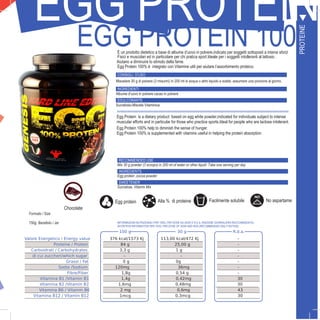 33
EGG PROTEIN 100%È un prodotto dietetico a base di albume d’uovo in polvere,indicato per soggetti sottoposti a intensi sforzi
Fisici e muscolari ed in particolare per chi pratica sport.Ideale per i soggetti intolleranti al lattosio .
Aiutano a diminuire lo stimolo della fame.
Egg Protein 100% è integrato con Vitamine utili per aiutare l’assorbimento proteico.
CONSIGLI D’USO
Miscelare 30 g di polvere (3 misurini) in 200 ml di acqua o altro liquido a scelta: assumere una porzione al giorno.
INGREDIENTI
Albume d’uovo in polvere cacao in polvere
EDULCORANTE
Sucralosio,Miscela Vitaminica
RECOMMENDED USE
Mix 30 g powder (3 scoops) in 200 ml of water or other liquid: Take one serving per day
INGREDIENTS
Egg protein ,cocoa powder
SWEETENER
Sucralose, Vitamin Mix
Formato / Size
750g Barattolo / Jar
100 g 30 g R.d.a.
Valore Energetico / Energy value 376 kcal/1573 Kj 113,00 kcal/472 Kj -
Proteine / Protein 84 g 25,00 g -
Carboidrati / Carbohydrates 1 g -
di cui zuccheri/which sugar - - -
Grassi / Fat 0 g 0g -
Sodio /Sodium 120mg 36mg -
Fibre/Fiber 1,8g 0,54 g -
Vitamina B1 /Vitamin B1 1,4g 0,42mg 30
Vitamina B2 /Vitamin B2 1,6mg 0,48mg 30
Vitamina B6 / Vitamin B6 2 mg 0,6mg 43
Vitamina B12 / Vitamin B12 0,3mcg 30
INFORMAZIONI NUTRIZIONALI PER 100G, PER DOSE DA 30GR E R.D.A. (RAZIONE GIORNALIERA RACCOMANDATA):
NUTRITION INFORMATION PER 100G, PER DOSE OF 30GR AND RDA (RECOMMENDED DAILY RATION):
PROTEINE
EGG PROTEIN1
Egg protein Alta % di proteine No aspartameFacilmente solubile
Chocolate
Egg Protein is a dietary product based on egg white powder,indicated for individuals subject to intense
muscular efforts and in particular for those who practice sports.Ideal for people who are lactose intolerant.
Egg Protein 100% help to diminish the sense of hunger.
Egg Protein 100% is supplemented with vitamins useful in helping the protein absorption.
3,3 g
1mcg
 