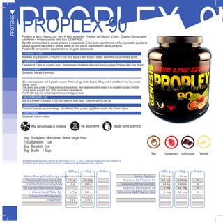 34
IPROPLEX 90PROPLEX 90Proteina a lento rilascio con ben 4 fonti proteiche: Proteine dell’albume d’uovo, Caseine,Sieroproteine
ultrafiltrate e Proteine isolate della Soia OGM FREE
Il profilo aminoacidico di queste proteine è eccezionale, il loro lento assorbimento ne fa un prodotto eccellente
sia agli spuntini che prima di andare a letto, il tutto per un assorbimento senza paragoni.
Proplex 90 non contiene aspartame e ha un gusto eccezionale
CONSIGLI D’USO
Miscelare 30 g di polvere (3 misurini) in 200 ml di acqua o altro liquido a scelta: assumere una porzione al giorno.
INGREDIENTI
Caseinato di Calcio da scambio ionico, Sieroproteina Ultrafiltrata, Albume d’uovo in polvere, Proteine della Soia, Aromi
EDULCORANTE
Sucralosio, Miscela Vitaminica
FORMATO GUSTI
30g Bottiglietta Monodose /Bottle single dose
750g Barattolo /Jar
2kg Barattolo /Jar
3kg Buste / Bags
PROTEINE
Slow-release protein with 4 protein sources: Protein of egg white, Casein, Whey protein ultrafiltered and Soy protein
isolate, Supro.
The amino acid profile of these proteins is exceptional, their slow absorption makes it an excellent product for both
snack before going to bed, all for absorption unparalleled.
ProPlex 90 does not contain aspartame and has great taste.
RECOMMENDED USE
Mix 30 g powder (3 scoops) in 200 ml of water or other liquid: Take one serving per day
INGREDIENTS
Calcium Caseinate by ion exchange, Ultra-filtered Whey protein, Egg White powder, Soy Protein, Flavor
SWEETENER
Sucralose, Vitamin mixture
S AVO
100 g 30 g R.d.a
Valore Energetico/Energy value387 kcal/1620 Kj 116 kcal/486 Kj
Proteine/Protein (Nx6,25) 87 g 26,10 g
Carboidrati/Carbohydrate 3 g 0,80 g
di cui zuccheri/which sugar - -
Grassi totali/Total fat 2,75 g 0,80 g
Colesterolo/Cholesterol - -
Fibre/Fiber 0,4 g 0,15 g
100 g 30 g R.d.a
Sodio /Sodium 233,3mg 70 mg
Vitamina B1/Vitamin B1 1,4 mg 0,42 mg 30
Vitamina B2/Vitamin B2 1,6 mg 0,48 mg 30
Vitamina B6/Vitamin B6 2 mg 0,6 mg 43
Vitamina B12/Vitamin B12 1 mcg 0,3 mcg 30
INFORMAZIONI NUTRIZIONALI PER 100 GR. PER DOSE DA 30 G E R.D.A. (RAZIONE GIORNALIERA RACCOMANDATA)
NUTRITION FACTS PER 100 GR. FOR DOSE OF 30 G AND R.D.A. (RECOMMENDED DAILY RATION)
Alta percentuale di proteine Ideale come spuntinoNo aspartame
Nut Strawberry Chocolate Vanilla
 