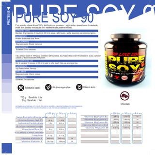 36
CPURE SOY 9PURE SOY 90È un prodotto a base di soia 100%, dolcificato con sucralosio. La soia aiuta a tenere basso il colesterolo,
inoltre è un prodotto indicato per chi è intollerante alle proteine del latte.
CONSIGLI D’USO
Miscelare 30 g di polvere (3 misurini) in 200 ml di acqua o altro liquido a scelta: assumere una porzione al giorno.
INGREDIENTI
Proteine Isolate della Soia, Aromi
EMULSIONANTE
Magnesio ossido, Miscela vitaminica
EDULCORANTE
Sucralosio, Zinco carbonato
FORMATO GUSTI
It is a product based on 100% soy, sweetened with sucralose. Soy helps to keep down the cholesterol, is also a product
suitable for those intolerant to milk protein
RECOMMENDED USE
Mix 30 g powder (3 scoops) in 200 ml of water or other liquid: Take one serving per day
INGREDIENTS
Soy Protein Isolate, Flavours
EMULSIFIER
Magnesium oxide, Vitamin mixture
SWEETENER
Sucralose, Zinc carbonate
750 g Barattolo / Jar
2 kg Barattolo / Jar
PROTEINE
100 g 30 g R.d.a
Valore Energetico/Energy value380 kcal/1590 Kj 114 kcal/477 Kj -
Proteine/Protein (Nx6,25) 90 g 27,00 g -
Carboidrati/Carbohydrate 1,5 g 0,45 g -
di cui zuccheri/which sugar - - -
Grassi totali/Total fat 4 g 1,20 g -
di cui saturi/ of which saturates - - -
Fibre/Fiber 0,4 g 0,12 g -
Vitamina A/Vitamin A 800 mcg 240 mcg 30
Vitamina E/Vitamin E 10,0 mg 3,00 mg 30
100 g 30 g R.d.a
Vitamina B1/Vitamin B1 2,34 mg 0,70 mg 50
Vitamina B2/Vitamin B2 2,67 mg 0,80 mg 50
Vitamina B6/Vitamin B6 3,33 mg 1,00 mg 50
Vitamina B12/Vitamin B12 1,67 mcg 0,50 mcg 50
Vitamina PP/Vitamin PP 30,0 mg 9,00 mg 50
INFORMAZIONI NUTRIZIONALI PER 100 GR. PER DOSI DA 30GR E R.D.A. (RAZIONE GIORNALIERA RACCOMANDATA):
NUTRITION INFORMATION FOR 100GR. FOR SERVING (30 GR) AND RDA (RECOMMENDED DAILY RATION):
Sostitutivo pasto We love vegan style
Chocolate
Rilascio lento
 