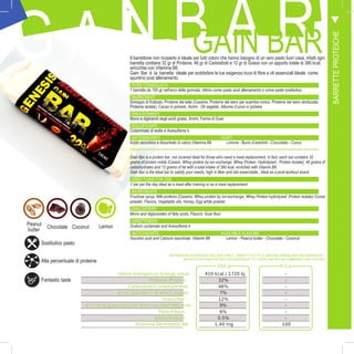 BARRETTEPROTEICHE
G A IN B A RGAIN BARIl barrettone non ricoperto è ideale per tutti coloro che hanno bisogno di un vero pasto fuori casa, infatti ogni
barretta contiene 32 gr di Proteine, 46 gr di Carboidrati e 12 gr di Grassi con un apporto totale di 380 kcal,
arricchita con Vitamina B6.
Gain Bar è la barretta ideale per soddisfare le tue esigenze,ricca di fibre e oli essenziali.Ideale come
spuntino post allenamento.
DOSE CONSIGLIATA
1 barretta da 100 gr nell’arco della giornata, ottimo come pasto post allenamento o come pasto sostitutivo.
INGREDIENTI
Sciroppo di fruttosio, Proteine del latte (Caseine, Proteine del siero per scambio ionico, Proteine del siero idrolizzate,
Proteine isolate), Cacao in polvere, Aromi , Oli vegetali, Albume d’uovo in polvere
EMULSIONANTI
Mono e digliceridi degli acidi grassi, Aromi, Farina di Guar
DOLCIFICANTI
Ciclammato di sodio e Acesulfame k
ANTIOSSIDANTI GUSTI
Acido ascorbico e Ascorbato di calcio,Vitamina B6 Limone - Burro d’arachidi - Cioccolato - Cocco
Gain Bar is a protein bar not covered ideal for those who need a meal replacement, in fact, each bar contains 32
grams of protein noble (Casein, Whey protein by ion exchange, Whey Protein, Hydrolyzed , Protein Isolate), 46 grams of
carbohydrates and 12 grams of fat with a total intake of 380 kcal, enriched with Vitamin B6.
Gain Bar is the ideal bar to satisfy your needs, high in fiber and oils essenzialie,. Ideal as a post workout snack.
DIRECTIONS FOR USE
1 bar per the day ideal as a meal after training or as a meal replacement
INGREDIENTS
Fructose syrup, Milk proteins (Caseins, Whey protein by ion-exchange, Whey Protein hydrolyzed ,Protein Isolate) Cocoa
powder, Flavors, Vegetable oils, Honey, Egg white powder
EMULSIFIERS
Mono and diglycerides of fatty acids, Flavors, Guar flour
SWEETENERS
Sodium cyclamate and Acesulfame k
ANTIOXIDANTS AVAILABLE FLAVORS
Ascorbic acid and Calcium ascorbate, Vitamin B6 Lemon - Peanut butter - Chocolate - Coconut
INFORMAZIONI NUTRIZIONALI PER 100G (PARI A 1 BARRETTTE) E R.D.A. (RAZIONE GIORNALIERA RACCOMANDATA):
NUTRITION INFORMATION PER 100G (EQUIVALENT TO 1 BARS) AND RDA (RECOMMENDED DAILY RATION):
100 g R.d.a.
Valore Energetico/ Energy value 410 kcal / 1720 kJ -
Proteine /Protein 32% -
Carboidrati/Carbohydrates 46% -
di cui zuccheri / of which sugars 7% -
Grassi/Fat 12% -
di cui acidi grassi saturi /of which saturated fatty acids 9% -
Fibre/Fibers 6% -
Sodio/Sodium 0.5% -
Vitamina B6/Vitamin B6 1,40 mg 100
41
Peanut
butter
Chocolate Coconut Lemon
Sostitutivo pasto
Fantastic taste
Alta percentuale di proteine
 