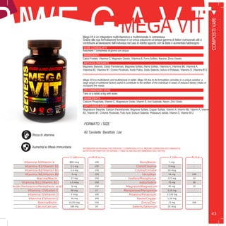 43
M E G A V ITMEGA VITMega Vit è un integratore multivitaminico e multiminerale in compressa.
Grazie alla sua formulazione fornisce in un’unica soluzione un’ampia gamma di fattori nutrizionali utili a
contribuire al benessere dell’individuo nei casi di ridotto apporto con la dieta o aumentato fabbisogno.
DOSE CONSIGLIATA
Assumere 1 compressa al giorno con acqua
INGREDIENTI
Calcio Fosfato, Vitamina C, Magnesio Ossido, Vitamina E, Ferro Solfato, Niacina, Zinco Ossido.
ANTIAGGLOMERANTE
Magnesio Stearato, Calcio Pantotenato, Magnese Solfato, Rame Solfato, Vitamina A, Vitamina B6, Vitamina A,
Vitamina B2, Vitamina B1, Cromo Picolinato, Acido Folico, Sodio Selenito, Ioduro di Potassio, Vitamina D, Vitamina B12
FORMATO
Mega Vit is a multivitamin and multimineral in tablet. Mega Vit due to its formulation, provides in a unique solution a
large range of nutritional factors useful to contribute to the welfare of the individual in cases of reduced dietary intake or
increased the needs
RECOMMENDED DOSE
Take on a tablet a day with water
INGREDIENTS
Calcium Phosphate, Vitamin C, Magnesium Oxide, Vitamin E, Iron Sulphate, Niacin, Zinc Oxide.
ANTI-CAKING AGENT
Magnesium Stearate, Calcium Pantothenate, Magnese Sulfate, Copper Sulfate, Vitamin A, Vitamin B6, Vitamin A, Vitamin
B2, Vitamin B1, Chrome Picolinate, Folic Acid, Sodium Selenite, Potassium Iodide, Vitamin D, Vitamin B12
1 tab. R.d.a.
Vitamina A/Vitamin A 800 mcg 100
Vitamina B1/Vitamin B1 2,1 mg 150
Vitamina B2/Vitamin B2 2,4 mg 150
Vitamina B6/Vitamin B6 3 mg 150
Niacina/Niacin 27 mg 150
Vitamina B12/Vitamin B12 1,5 mcg 150
Acido Pantotenico/Pantothenic acid 9 mg 150
Vitamina C/Vitamin C 90 mg 27
Vitamina D/Vitamin D 5 mcg 100
Vitamina E/Vitamin E 30 mg 300
Biotina/Biotin 0,225 mg 150
Calcio/Calcium 160 mg 20
1 tab. R.d.a.
Boro/Boron 1 mg -
Cloro/Chlorine 5 mcg -
Cromo/Chrome 50 mcg -
Ferro/Iron 14 mg 100
Fosforo/Phosphorus 121 mg 15
Iodio/Iodine 75 mg 50
Magnesio/Magnesium 45 mg 15
Manganese/Manganese 3,10 mg -
Potassio/Potassium 12,50 mg -
Rame/Copper 1,50 mg -
Zinco/Zinc 15 mg 100
Selenio/Selenium 55 mcg -
INFORMAZIONI NUTRIZIONALI PER PORZIONE (1 COMPRESSA) E R.D.A. (RAZIONE GIORNALIERA RACCOMANDATA):
NUTRITION INFORMATION FOR SERVING (1 TABLETS) AND RDA (RECOMMENDED DAILY RATION):
COMPOSTIVARI
P. W
Ricca di vitamine
FORMATO / SIZE
60 Tavolette Barattolo /Jar
Aumenta le difese immunitarie
 