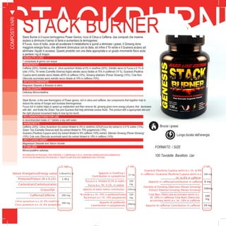 44
STACKBURNESTACK BURNERStack Burner è il nuovo termogenico Power Genics, ricco di Citrus e Caffeina, due composti che insieme
aiutano a diminuire il senso di fame e aumentano la termogenesi.
Il Fucus, ricco di Iodio, aiuta ad accelerare il metabolismo e quindi a eliminare i grassi, il Ginseng dona
maggiore energia fisica, che altrimenti diminuisce con la dieta, ed infine il Tè verde e il Guaranà aiutano ad
eliminare i liquidi in eccesso. Questo prodotto con una dieta appropriata e un giusto movimento fisico aiuta
a perdere i kg di troppo.
MODALITÀ D’USO
1 compressa al giorno con acqua
INGREDIENTI
Caffeina (20%), Estratto secco di citrus aurantium titolato al 6% in sinefrine (20%), Estratto secco di Fucus a 0,1% di
iodio (15%), Tè verde (Camellia Sinensis foglia) estratto secco titolato al 70% in polifenoli (15 %), Guaranà (Paullinia
Cupana semi) estratto secco titolato all’8% di caffeina (10%), Ginseng siberiano (Panax Ginseng) (10%), Cola Noci
(Sterculia acuminata semi) estratto secco titolato al 19% in caffeina (10%).
ANTIAGGLOMERANTE
Magnesio Stearato e Biossido di silicio
STABILIZZANTE
Cellulosa Microcristallina
Stack Burner, is the new thermogenic of Power genics, rich in citrus and caffeine, two components that together help to
reduce the sense of hunger and increase thermogenesis.
Fucus rich in Iodine helps to speed up metabolism and then remove fat, ginseng gives more energy physics, that decreases
with diet , and finally the Green Tea and Guarana that help eliminate excess fluids. This product with a appropriate diet and
the right physical movement helps to lose kg too much.
RECOMMENDATIONS FOR USE
Is recommended intake of 1 tablets a day with water
INGREDIENTS
Caffeine (20%), Citrus Aurantium dry extract titrated to 6% in sinefrine (20%)Fucus dry extract in 0.01% iodine (15%),
Green Tea (Camellia Sinensis leaf) dry extract titrated to 70% polyphenols (15%)
Guarana (Paullinia Cupana semi) dry extract titrated to 8% caffeine (10%) extract, Siberian Ginseng (Panax Ginseng)
(10%) Cola nuts (Sterculia acuminata semi) dry extract titrated to 19% in caffeine (10%).
ANTI-CAKING AGENT
Magnesium Stearate and Silicon Dioxide
STABILIZER
Microcrystalline cellulose
COMPOSTIVARI
INFORMAZIONI NUTRIZIONALI PER PORZIONE (1 COMPRESSA) E R.D.A. (RAZIONE GIORNALIERA RACCOMANDATA):
NUTRITION INFORMATION FOR SERVING (1 TABLETS) AND RDA (RECOMMENDED DAILY RATION):
1 tab.
Valore Energetico/Energy value 3,3Kcal/14,2 Kj
Proteine/Protein (N x 6.25) 1,38 g
Carboidrati/Carbohydrates -
Grassi/Fat -
Caffeina/Caffeine 200 mg
Citrus aurantium e.s. tit. 6% sinefrina/
Citrus aurantium e.s. tit. 6% synephrine
200 mg
1 tab.
Apporto in Sinefrina /
Contribution in synephrine
12 mg
Fucus e.s. titolato 0,1% in iodio /
Fucus e.s. Tit. 0.1% in iodine
150
mg
Apporto di Iodio/ Iodine contribution 150mcg
Tè verde e.s. tit. 70% in polifenoli/Green
Tea Extract e.s. Tit. 70% polyphenols
150
mg
Apporto di polifenoli/
Contribution in polyphenols
106mg
1 tab.
Guaranà (Paullinia Cupana semi) e.s. tit. al 8%
in caffeina / Guarana (Paullinia Cupana semi) e.s.
tit. to 8% in caffeine
100 mg
Apporto in caffeina/Contribution in caffeine 8 mg
Estratto di Ginseng Siberiano (Panax Ginseng)
Extract Siberian Ginseng (Panax Ginseng)
100mg
Cola Noci (Sterculia acuminata semi) e.s.
tit. 19% in caffeina/ Cola Nuts (Sterculia
acuminata semi) e.s. tit. 19% in caffeine
100
mg
Apporto di caffeina/ Contribution in caffeine 19 mg
O
FORMATO / SIZE
100 Tavolette Barattolo /Jar
Brucia i grassi
Lunga durata dell’energia
 
