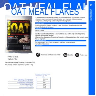 37
OAT MEAL FLAKEOAT MEAL FLAKES
CONSIGLI D’USO
FORMATO
RECOMMENDED USE
INGREDIENTS
1kg Busta / Bag
100 g
Valore Energetico / Energy value 334kcal
Proteine/Protein (Nx6,25) 12g
Carboidrati/Carbohydrate 54g
Grassi totali/Total fat 5,9g
Fibre /Fiber 8,4g
Colesterolo/Cholesterol 1,2g
INFORMAZIONI NUTRIZIONALI PER 100GR,
NUTRITION FACTS FOR 100GR
CARBOIDRATI
FORMATO / SIZE
L’avena è alimento naturale che possiede un gran potere nutritivo con il suo alto contenuto
di proteine, vitamine,carboidrati, minerali (calcio, ferro, magnesio, fosforo, potassio e
manganese) e di altri principi nutritivi utili per il nostro organismo
L’assunzione di 50g di avena con acqua o latte contribuisce al mantenimento di livelli
normali di colesterolo nel sangue
La confezione contiene 20 porzioni (1 porzione = 50g).
INGREDIENTI
Fiocchi d’avena
The Assunzione of 50 g of oats with water or milk helps to maintain levels
normal Blood Cholesterol
Oat Meal is a natural food that has a great nutritional value with its high content of proteins,
vitamins, carbohydrates,Minerals
( Calcium, Iron, Magnesium, Phosphorus, Potassium and Manganese) and other nutrients useful
For our organism
Provenienza certificata made in italy Breakfast Perdere peso
The package contains 20 portions (1 portion = 50g)
 