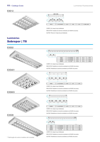 11 - Catálogo Exata                                                                                       Luminárias Fluorescentes


EXE12




                                                      EXE12         L: 4x 16/18/20    A: 617        B: 82        C: 617      N: 600 x 600



                                               CORPO: Em chapa de aço fosfatizada.

                                               REFLETOR: Facetado em alumínio anodizado com 99,85% de pureza.

                                               ALETAS: Planas em chapa de aço fosfatizada.




Luminárias
Sobrepor | T8

EXS02



                                                                           EXE01         L: 2x 16/28/20     A: 307        B: 75       C: 708
                                                                           EXE02         L: 2x 32/36/40     A: 307        B: 75       C: 1317
                                                                          EXE300         L: 4x 32/36/40     A: 617        B: 75       C: 1303
                                                                          EXE301            L: 2 x 110      A: 352        B: 78       C: 2580

                                               CORPO: Em chapa de aço fosfatizada.

                                               REFLETOR: Parabólico em alumínio anodizado com 99,85% de pureza.

                                               ALETAS: Parabólicas em alumínio anodizado com 99,85% de pureza.
EXS401




                                                      EXS05         L: 4x 16/18/20    A: 653        B: 75      C: 653

                                               CORPO: Em chapa de aço fosfatizada.

                                               REFLETOR: Parabólico em alumínio anodizado com 99,85% de pureza.

                                               ALETAS: Parabólicas em alumínio anodizado com 99,85% de pureza.
EXS603




                                                     EXS603         L: 4x 16/18/20    A: 653        B: 75        C: 653

                                               CORPO: Em chapa de aço fosfatizada.

                                               REFLETOR: Parabólico em alumínio anodizado com 99,85% de pureza.

                                               ALETAS: Parabólicas em alumínio anodizado com 99,85% de pureza.

EXS08




                                                      EXE07         L: 2x 16/28/20    A: 307        B: 75      C: 708
                                                      EXE08         L: 2x 32/36/40    A: 307        B: 75      C: 1317
                                                     EXE304         L: 4x 32/36/40    A: 617        B: 75      C: 1303
                                                     EXE305            L: 2 x 110     A: 352        B: 78      C: 2580

                                               CORPO: Em chapa de aço fosfatizada.

                                               REFLETOR: Parabólico em alumínio anodizado com 99,85% de pureza.

                                               ALETAS: Parabólicas em alumínio anodizado com 99,85% de pureza.
* Fabricação de outros modelos sob consulta.
 