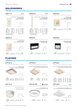 Balizadores e Plafons                                                                                                                                                                  Catálogo Exata - 26


BALIZADORES
* Medidas em milímetros.




EBZ17-E                                                                   Led   EBZ22-E                                                             Led          EBZ03-E
                     Luminária completa com LED e driver interno.                                    Luminária completa com LED e driver interno.                                                               Corpo em alumínio
                                              Corpo em alumínio.                                                              Corpo em alumínio.                                                          Pintura microtexturizada
                                         Pintura microtexturizada.                                                       Pintura microtexturizada.                                                    Refletor em alumínio frisado
                                    Refletor em alumínio frisado.                                                   Refletor em alumínio frisado.                                             Difusor em vidro temperado jateado




    Código           Cor do LED              A        B      C*      Nicho**        Código           Cor do LED               A      B    C*       Nicho**         Código               L                 A    B       C          Nicho
 EBZ17 - EA                Âmbar             58       88     74       76x30      EBZ22 - EA             Âmbar                 50   374    74       355x30         EBZ03-E        1 x 60W - halopin     112     112     75         90x95
 EBZ17 - EB                 Azul             58       88     74       76x30      EBZ22 - EB              Azul                 50   374    74       355x30
 EBZ17 - EW                Branco            58       88     74       76x30      EBZ22 - EW             Branco                50   374    74       355x30
 EBZ17 - ER           Vermelho               58       88     74       76x30      EBZ22 - ER            Vermelho               50   374    74       355x30
*Com alojamento para alvenaria;                      Potência LED 0,6W          *Com alojamento para alvenaria;                     Potência LED 1,2W
** Para instalação em paredes ocas.                                             ** Para instalação em paredes ocas.




EBZ08-E                                                                         MADOX                                                                            MADOX1
                                                     Corpo em alumínio
                                               Pintura microtexturizada                                                     Corpo em alumínio fundido;                                                Corpo em alumínio fundido;
                                    Difusor em vidro temperado jateado                                                        Pintura Microtexturizada:                                                 Pintura Microtexturizada:
                                                                                                                                Cores: Branco, Titânio                                                    Cores: Branco, Titânio




   Código                    L              A        B      C        Nicho           Código                     L                    A     B         C               Código                  L                    A       B        C
  EBZ08-E         1 x 40W - halopin        102       102    74       93x93           Madox        1 x Fl. Comp. Elet. 23W           270   160       75              Madox1       1 x Fl. Comp. Elet. 23W       220     220         75




PLAFONS
* Medidas em milímetros.




 EPF26-S                                                                        EPF66-S                                                                          EPF64-E

                                                Corpo em alumínio               Corpo em chapa de aço fosfatizada e pintada eletrostaticamente                   Corpo em chapa de aço fosfatizada e pintada eletrostaticamente
                Moldura em perfil de alumínio extrudado acetinado                               Difusor em poliestireno transparente ou leitoso                                  Difusor em poliestireno transparente ou leitoso
                                        Difusor em vidro acetinado




   Código                  L1                L1            A         B     C          Código                          L1             A      B         C             Código              L1            A       B       C            N
 EPF26-S2        2x23W - FCEL           2x60W - INC        310       87   310       EPF66 - S                2x 18/26 FC            280    100       280          EPF64 - E       2X18/26W FC         260     100     260     233x242
 EFP26-S3        3x23W - FCEL           3x60W - INC        420       87   420       EPF67 - S                2 X 23 FCEL            280    100       280          EPF65 - E1      1X23W FCEL          180     100     180     160x160
                                                                                                                                                                  EPF65 -E2       2X23 W FCEL         260     100     260     233x242
                                                                                                                                                                  EPF65 E3        3X23 W FCEL         360     100     360     335x343



 EPF15-S                                                                        EPFI4218S                                                 Led RGB
                                                                                                                                              RGB                EPFI36S                                                           Led

                                          Corpo em alumínio repuxado.                                                     Lâmpada LED RGB - 7,2W                               Led 48W com as possíveis temperaturas de cor:
                                                                                                            Drive Bivolt com controle remoto incluso.              3000K (Amarela), 4000k (Branco neutro) e 5000k (Branca fria)
                                            Difusor em vidro acetinado.




                                                                                                                                                             B
                                                                                                                                                                                                                                   A
                                                                                                                                           A
                                                                                                                                                                                                                          B
                                                                                                                                                                                                          C

     Código                 L1                  L1               A        B                   Código                   L1            A         B                              Código             L1            A/B            C
   EPF15-S         2x23W - FCEL           2x60W - INC       Ø 241         90               EPFI4218S            1x LED 7W           350     107                              EPFI36S         1x LED 7W         400          70
   * E27




* Fabricação de outros modelos sob consulta.
 